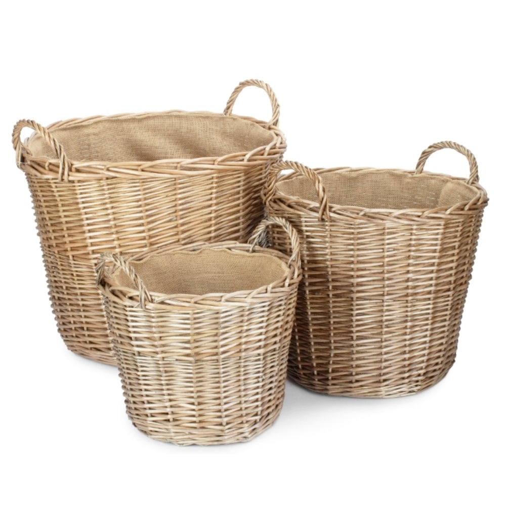 Chestnut Finish Wicker Round Lined Log Basket | Set of 3 | Natural