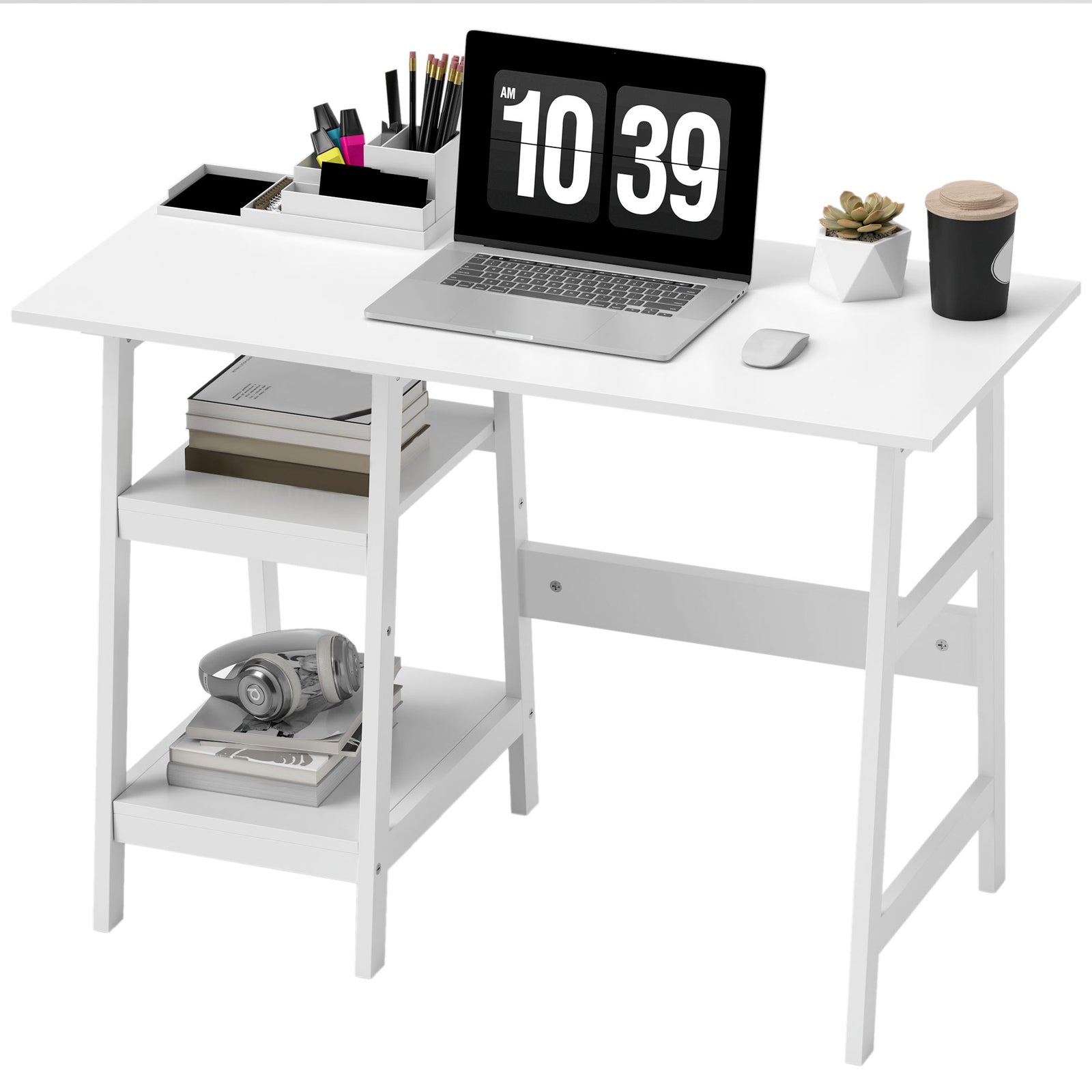 Compact Computer Desk With Storage Shelves For Home Office | White