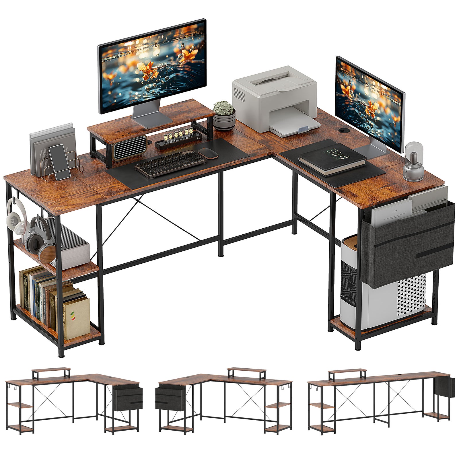 168cm Reversible L Shaped Desk, 240cm Two Person Desk | One Size | Brown