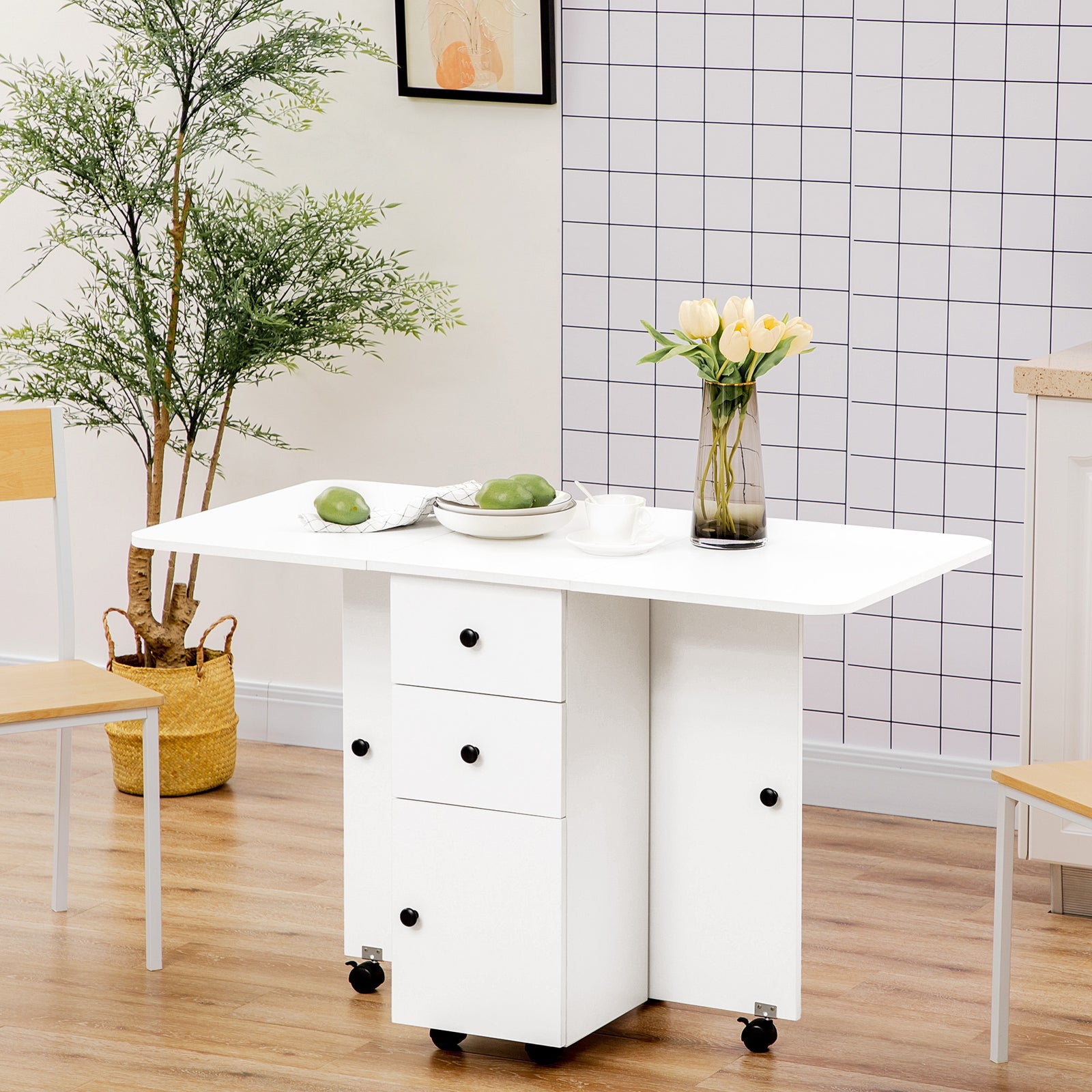 Folding Dining Table, Drop Leaf Table With Storage Drawers | White