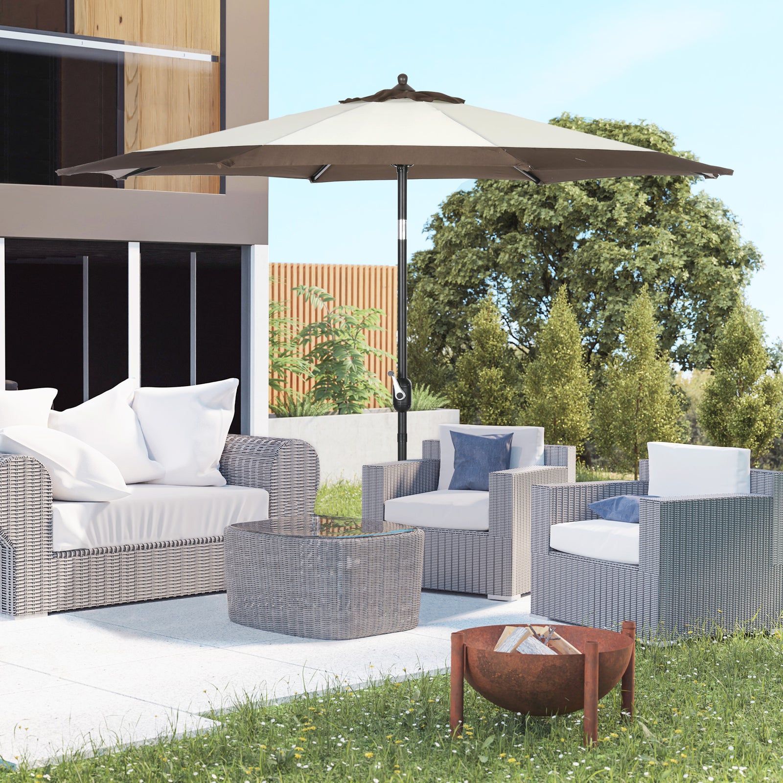 2.7m Patio Parasol W/ Tilt And Crank - 8 Metal Ribs