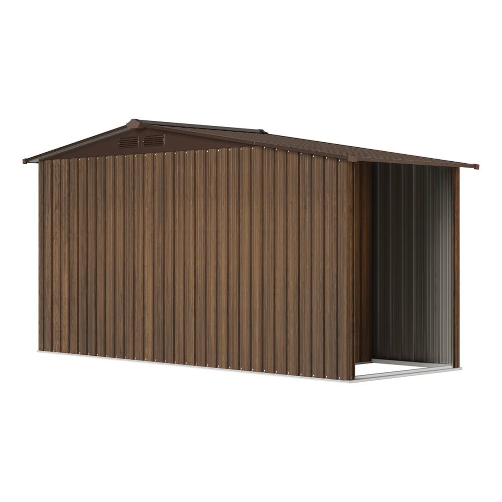 4x8ft Outdoor Metal Storage Shed With With Extra 70cm Firewood Storage – Apex Roof Garden Tool Shed, Double Sliding Doors,brown Wood Grain, Ventilated & Rust-resistant Garden Shed