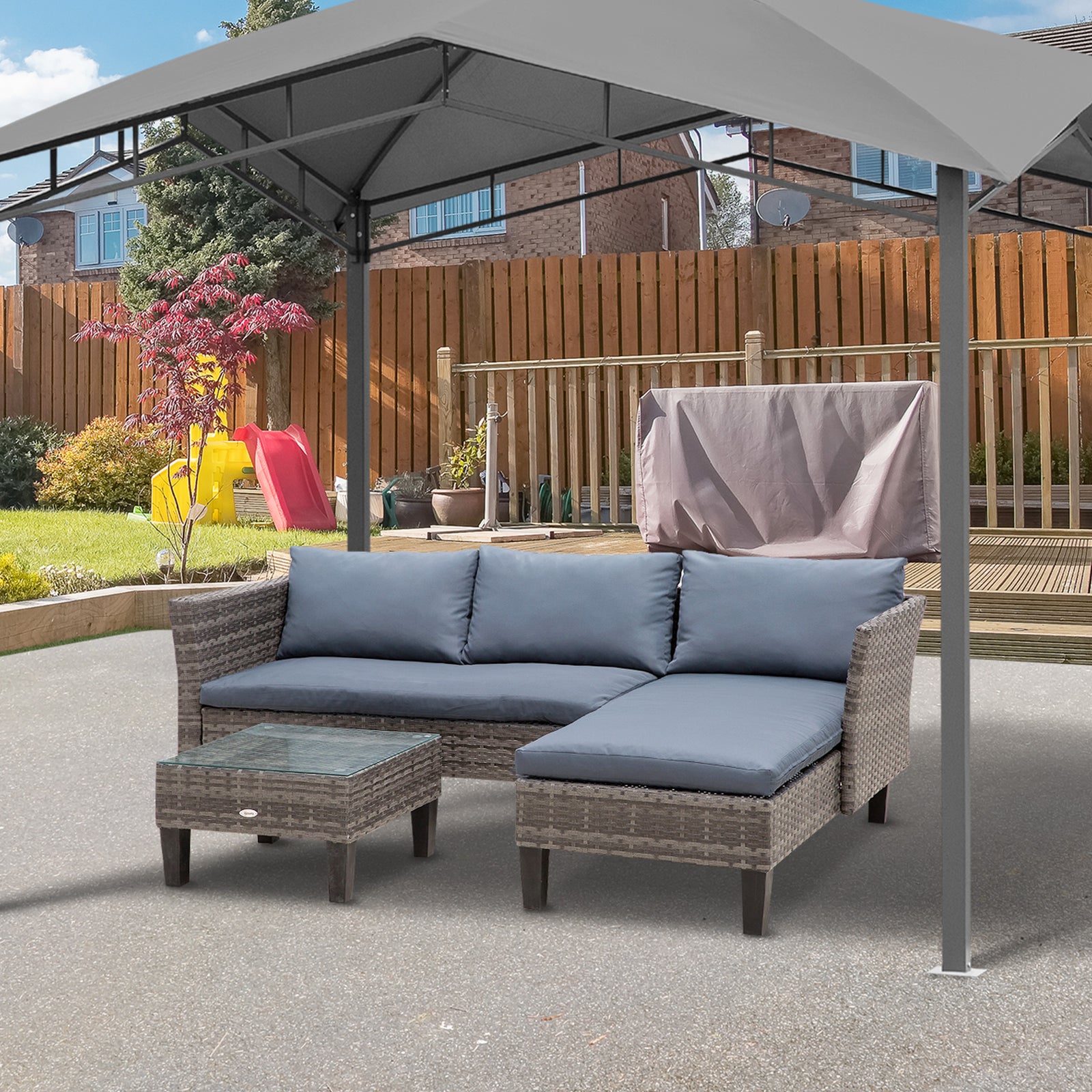 3 Pcs Garden Sofa Set Square Coffee Table Grey