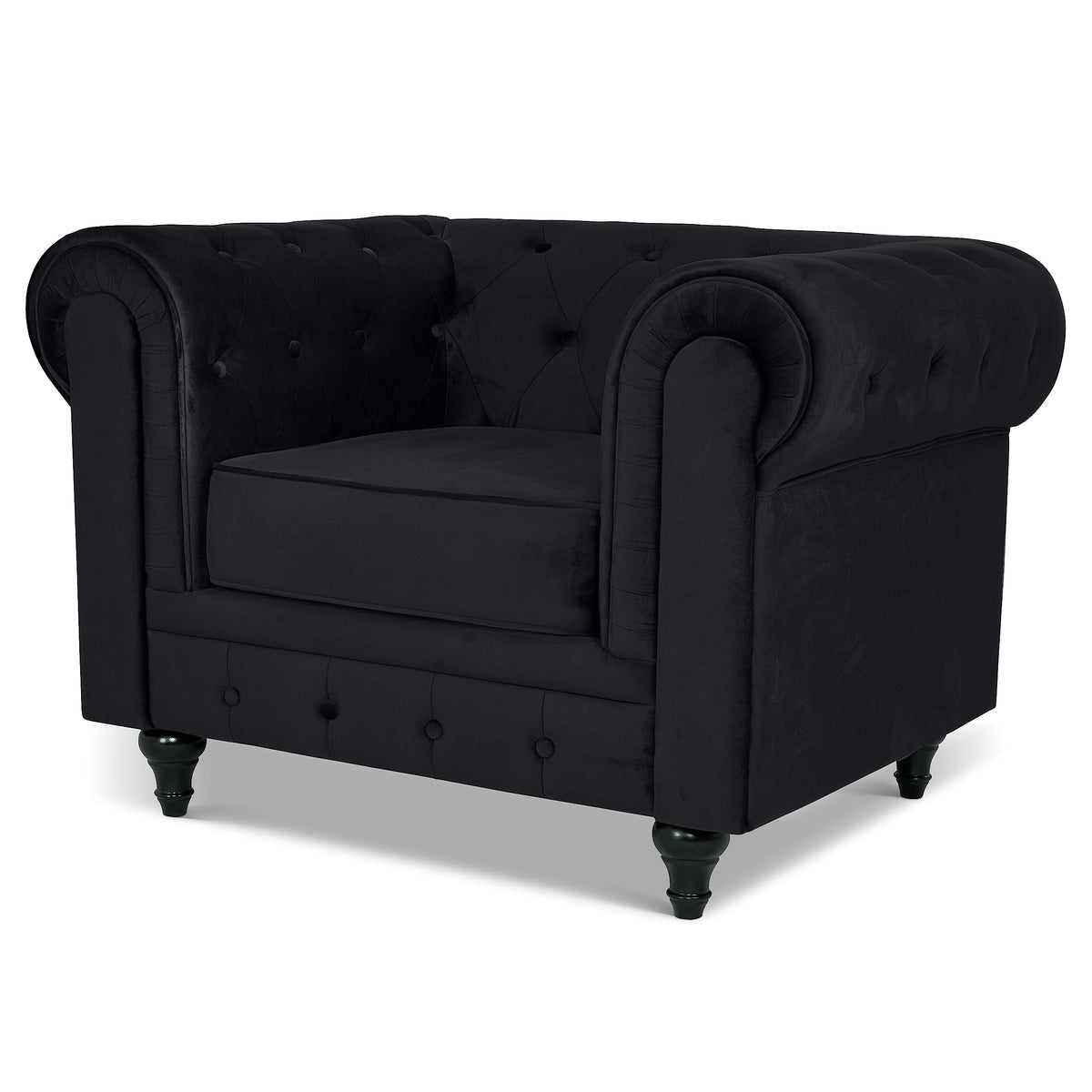 Chesterfield Scroll Arm Velvet Sofa 1 Seater | Black