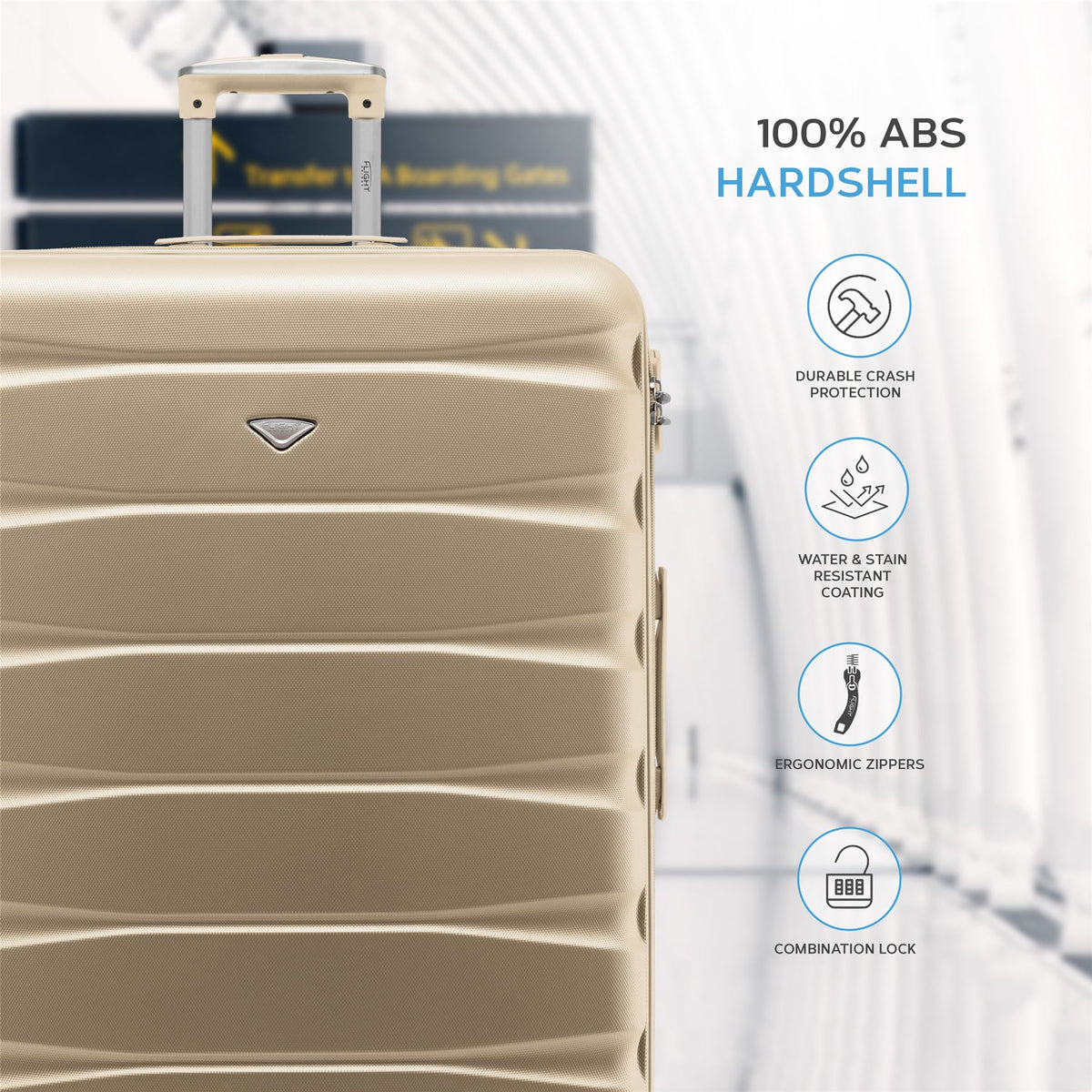 Set Of 3 Hard Shell Suitcase Cabin & Check In Cases With Tsa Lock - Overhead Cabin With Medium & Large Check-in Bag | Set of 3 | Champagne