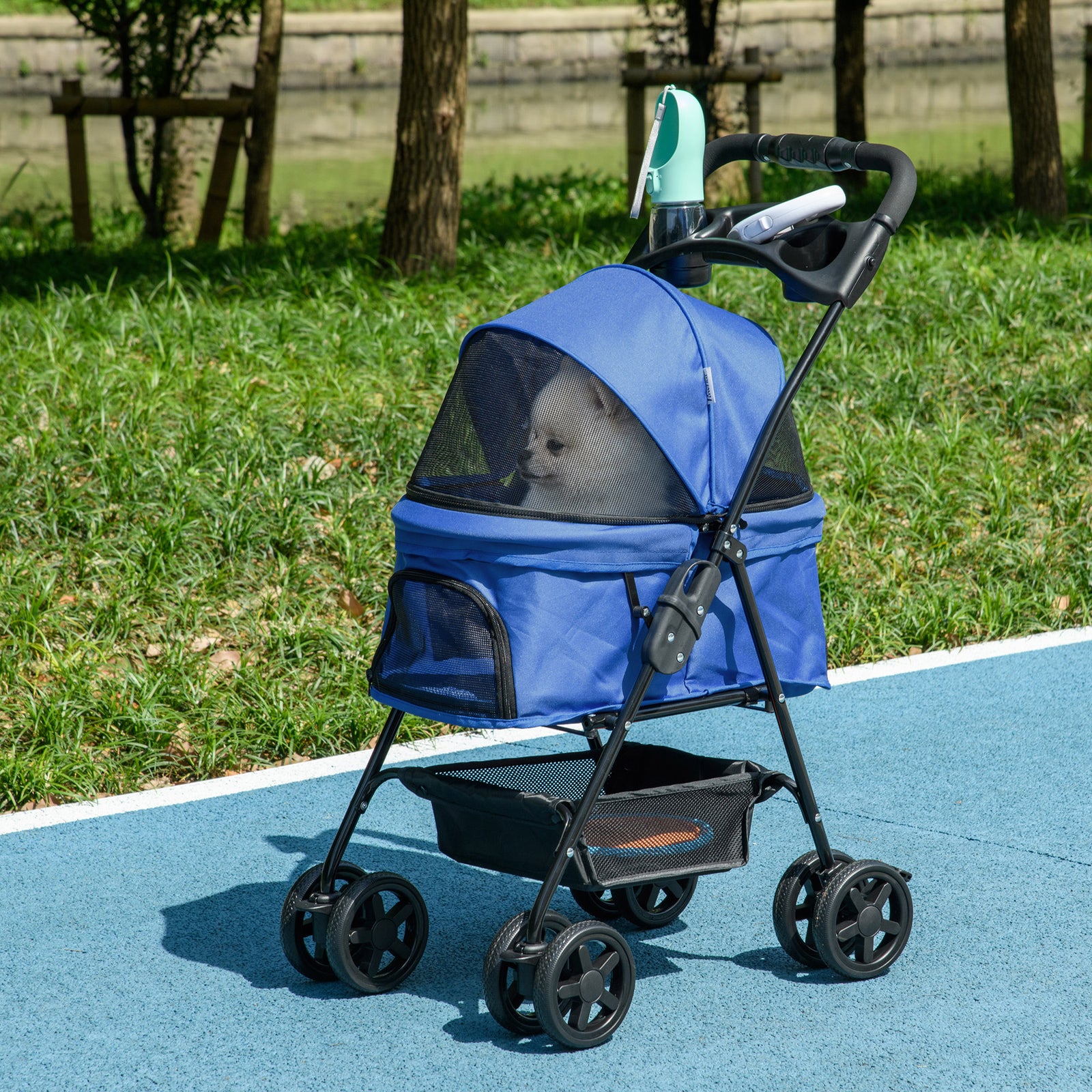 Pet Stroller Foldable Travel Carriage With Brake Basket Canopy | Blue