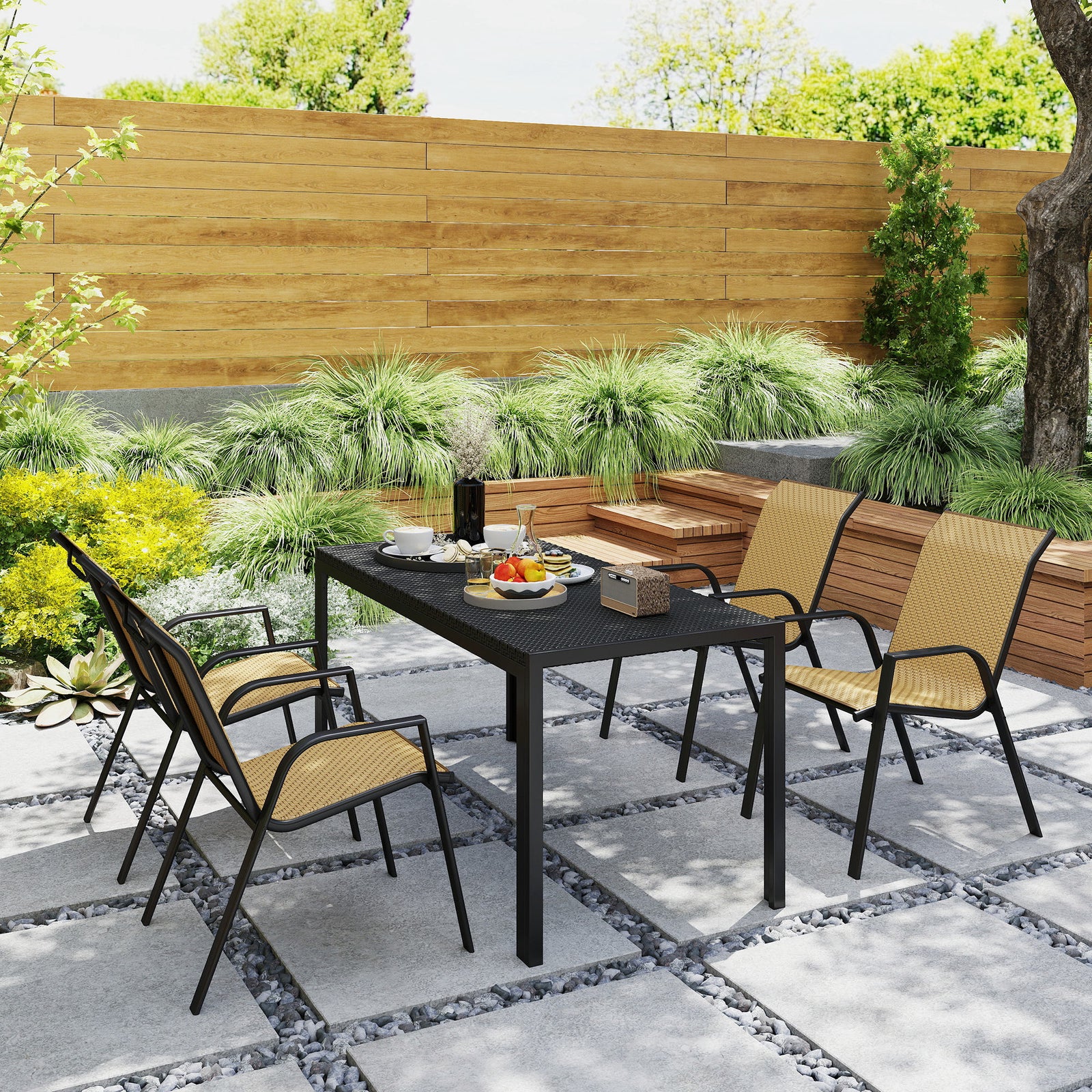 Outsunny Stackable Outdoor Chairs Set Of 4, Rattan With Armrests