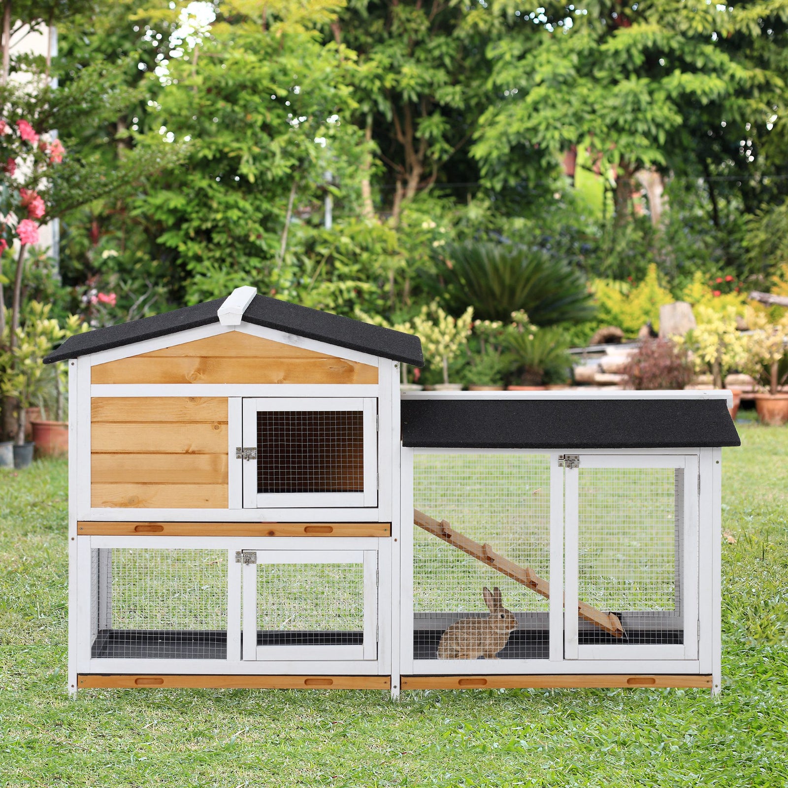 2-tier Wooden Rabbit Hutch Guinea Pig House Pet Cage Outdoor W/ Tray Ramp | Yellow