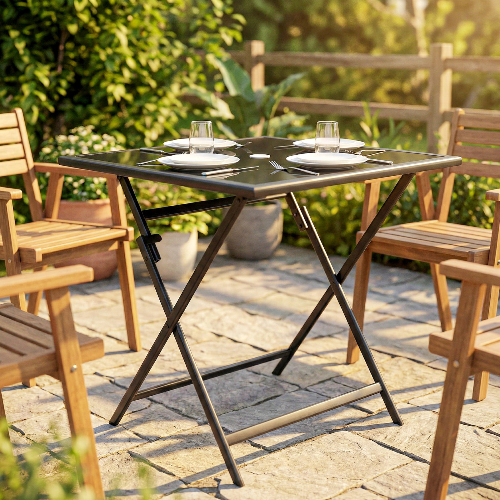 Folding Square Garden Dining Table With Parasol Hole | Black
