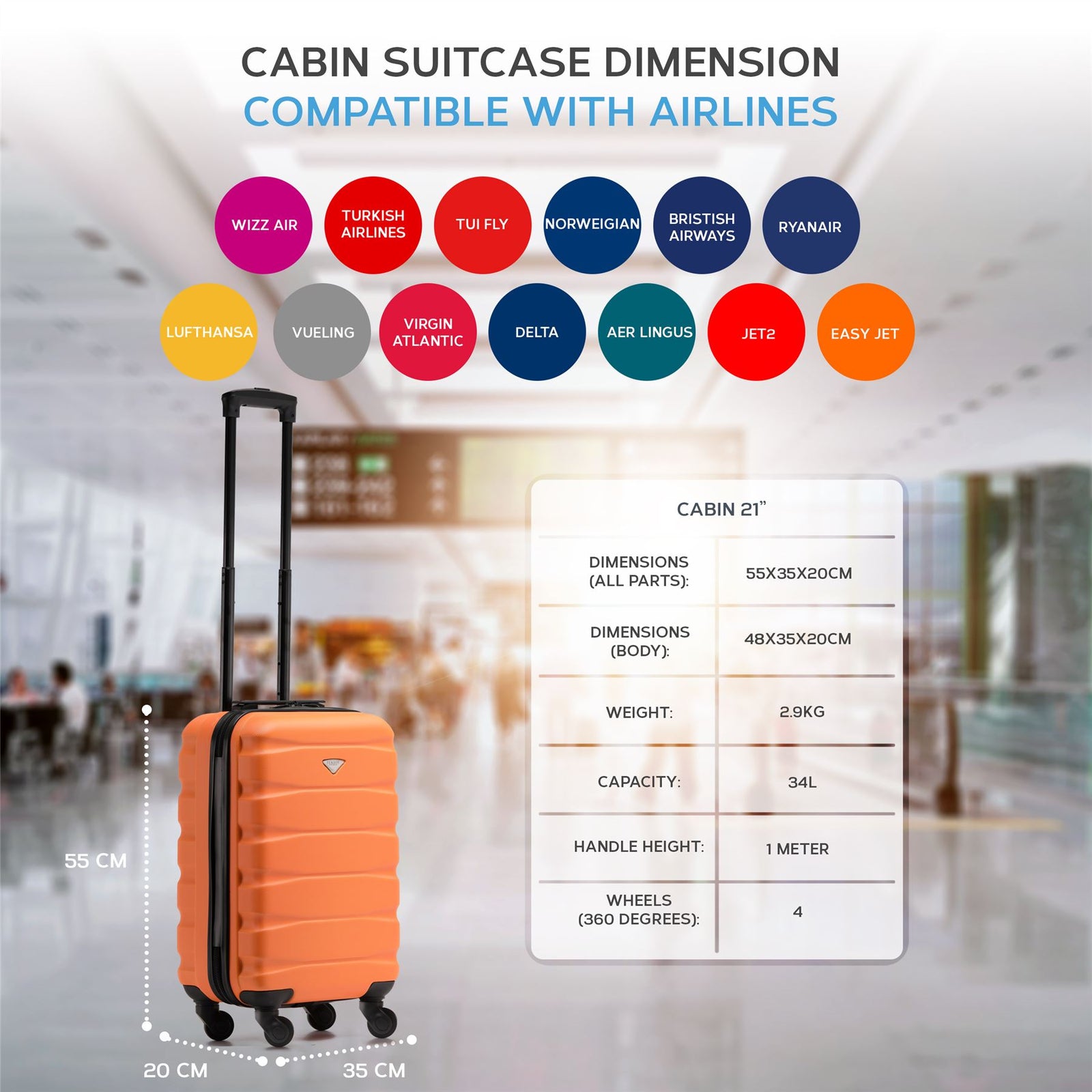 55x35x20cm Cabin Carry On Suitcase Hard Shell Overhead Luggage 100+ Airlines Approved | Cabin | Orange & Black