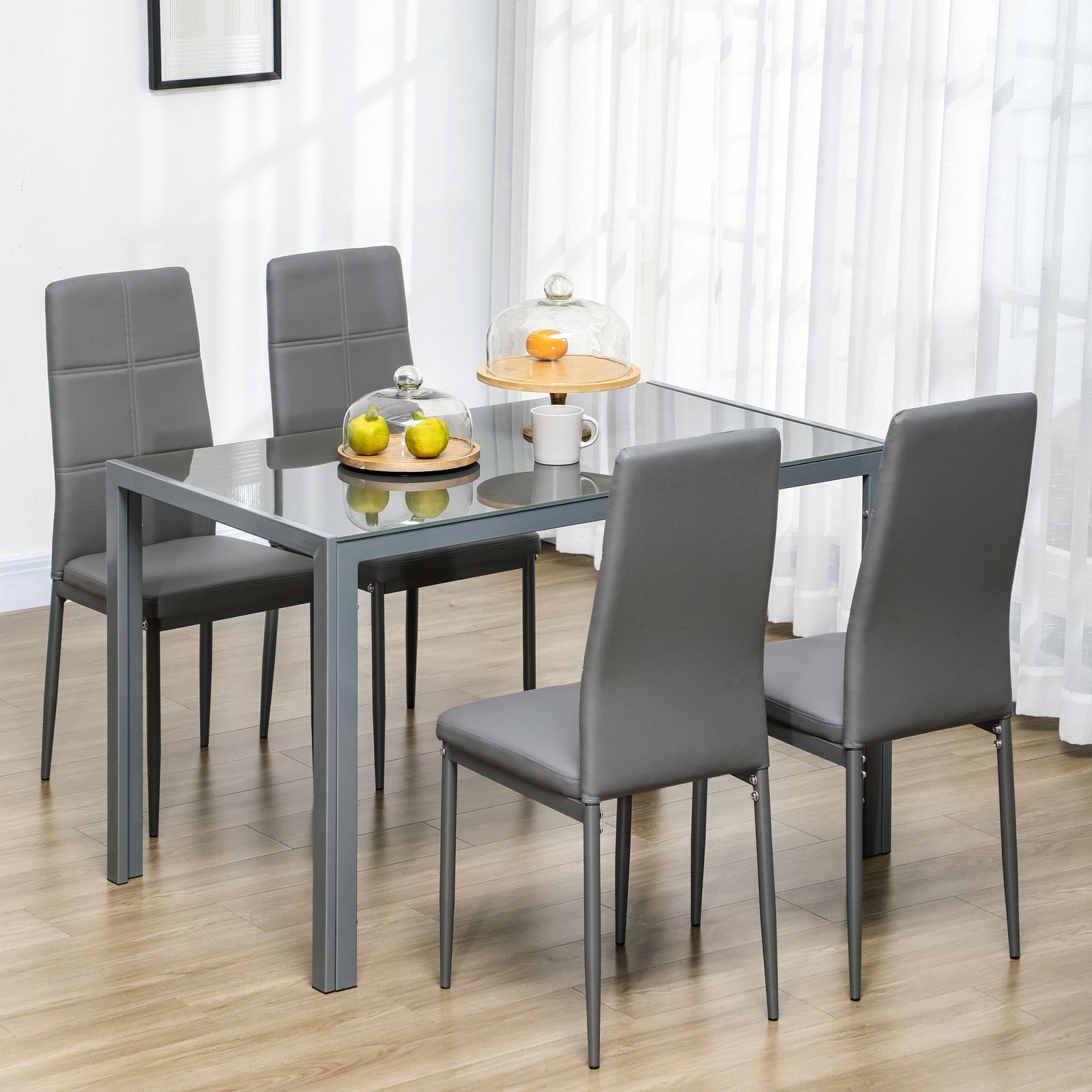 5pc Dining Set, Glass Top, Pu Leather Chairs