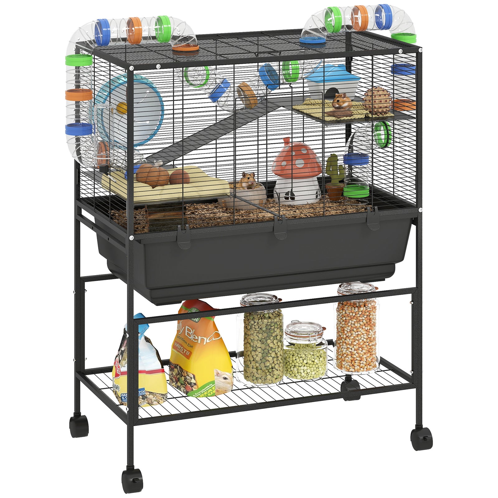 Pawhut Hamster Cage, 3 Tier Gerbil Cage On Wheels With Storage Shelf
