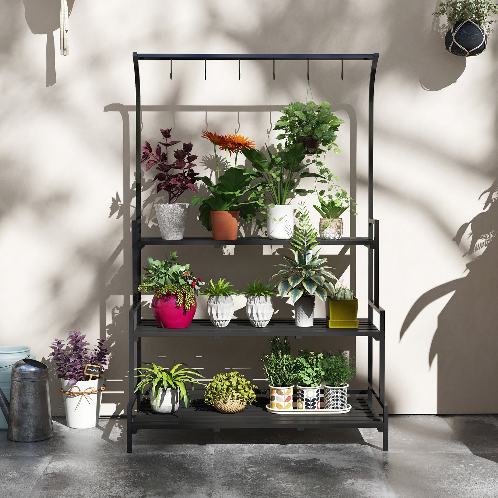 3 Tiered Plant Stand Ladder Shelf With Hanging Hooks