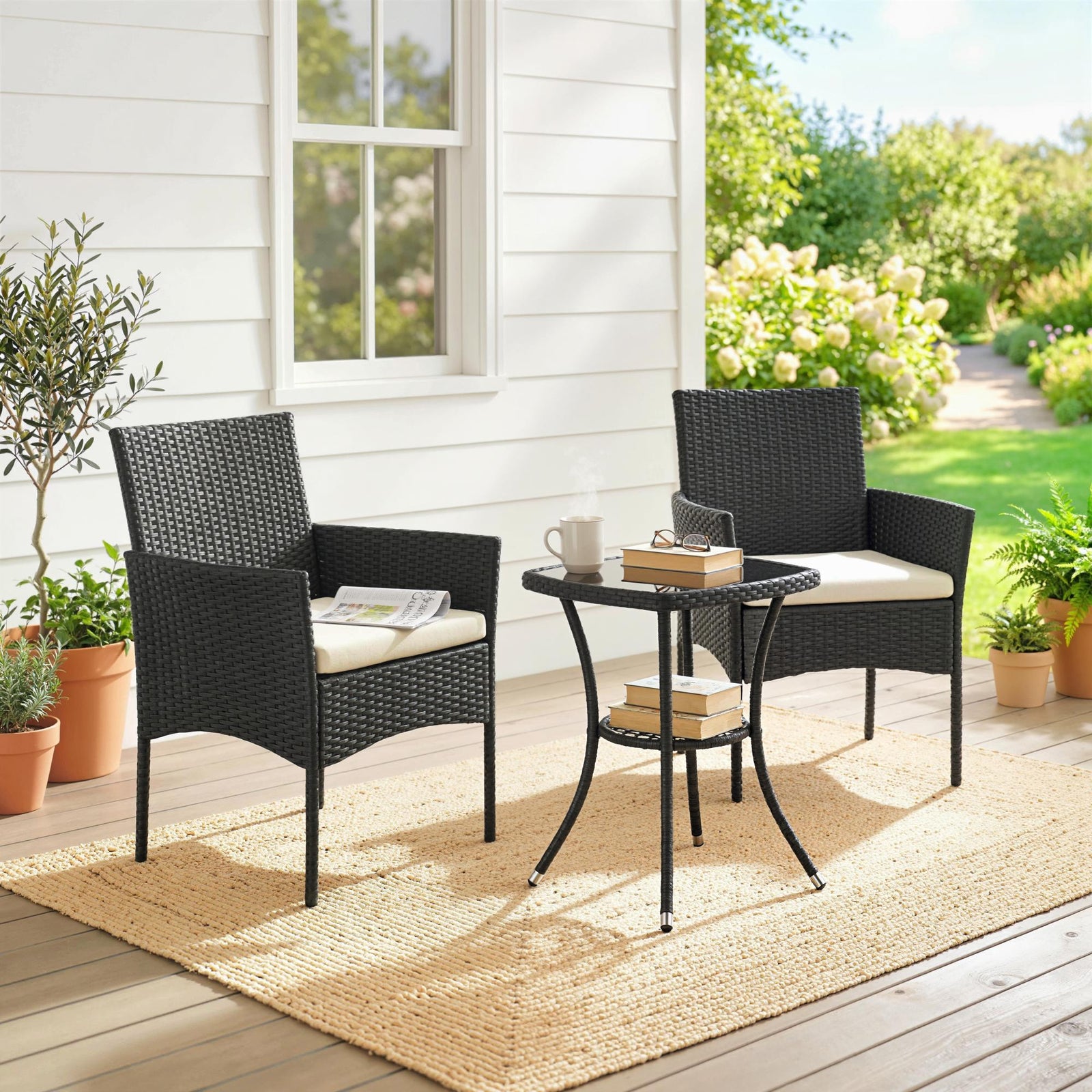 3 Piece Rattan Bistro Set With 2 Tier Glass-top Table, Chairs | White