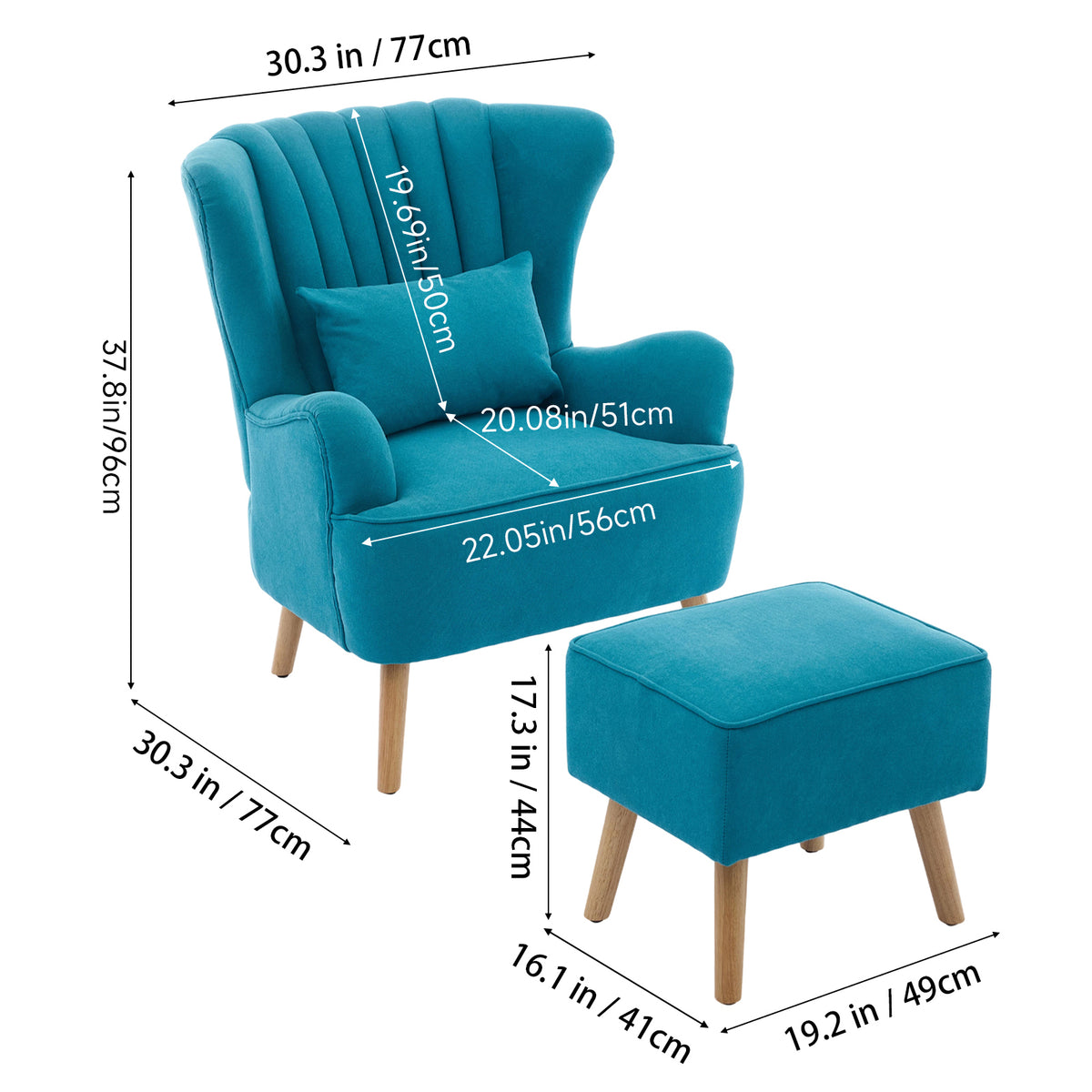 Modern Wingback Accent Chair Armchair With Footstool And Lumbar Pillow | Blue