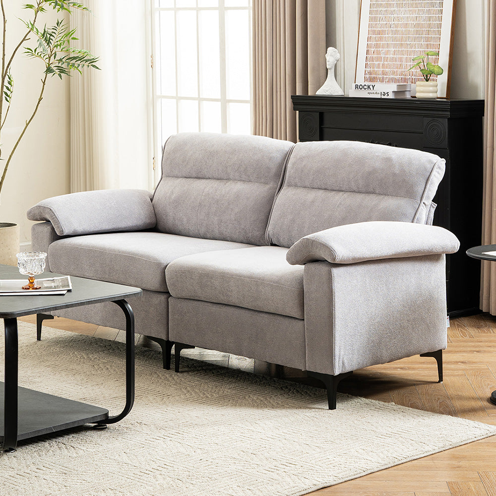 Minimalist Chenille Fabric Two-seat Sofa With Wooden Frame & Black Metal Legs | Grey