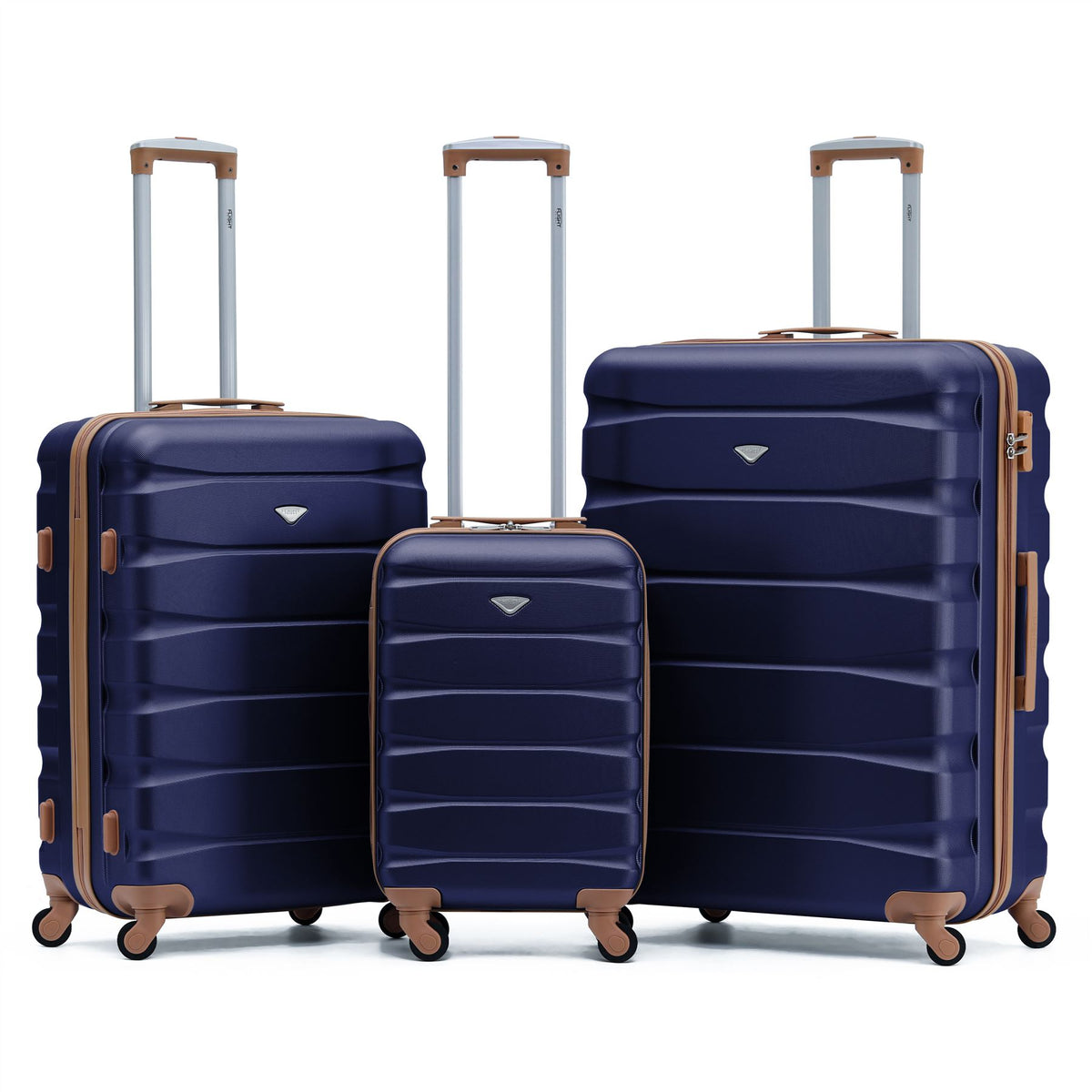 Set Of 3 Hard Shell Suitcase Cabin & Check In Cases With Tsa Lock - Overhead Cabin With Medium & Large Check-in Bag | Set of 3 | Navy & Tan