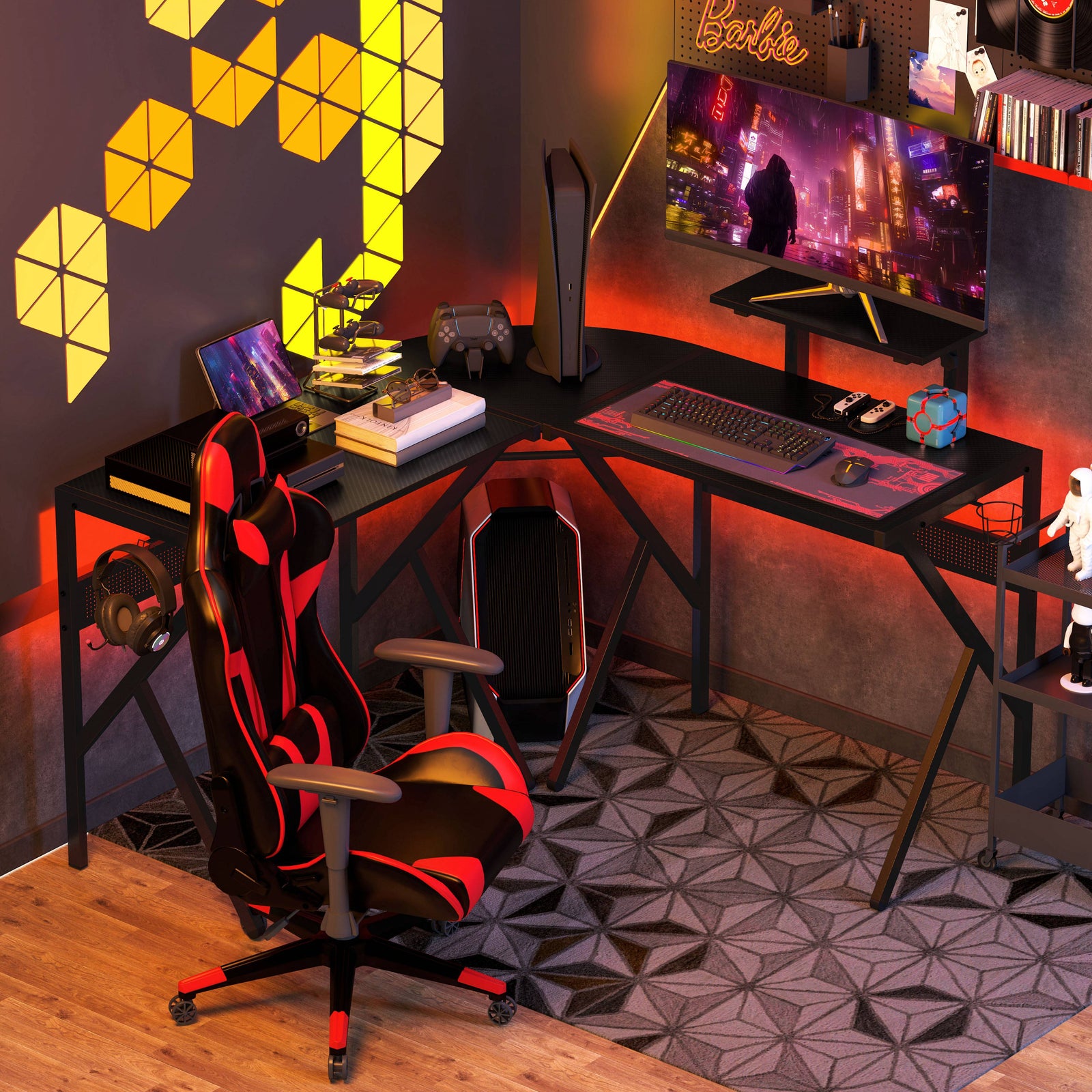 Corner Gaming Desk W/ Monitor Stand Cup Holder | Black