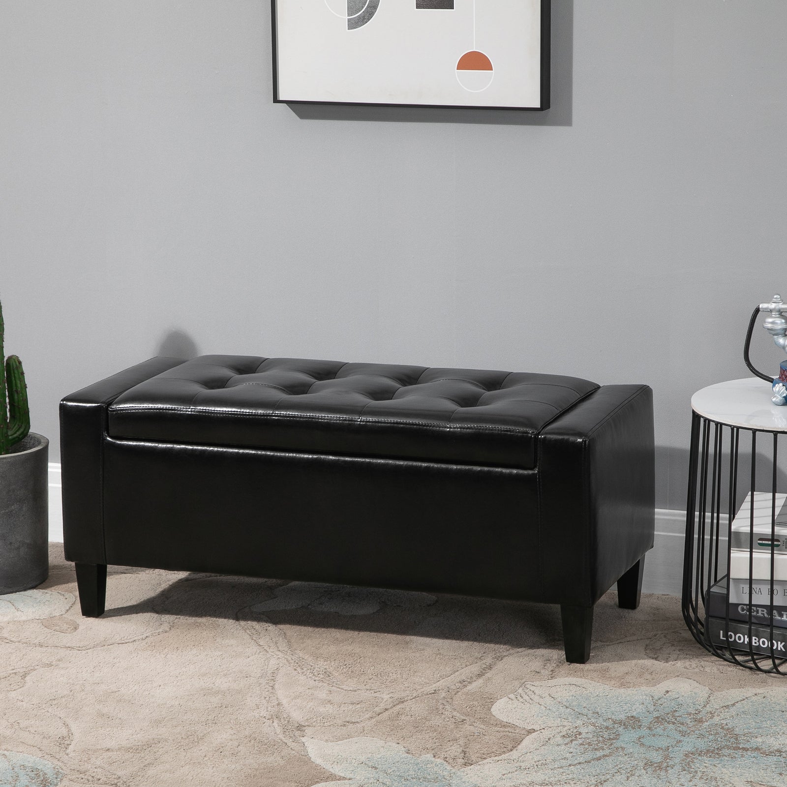 Pu Leather Storage Bench, Wooden Frame | Black