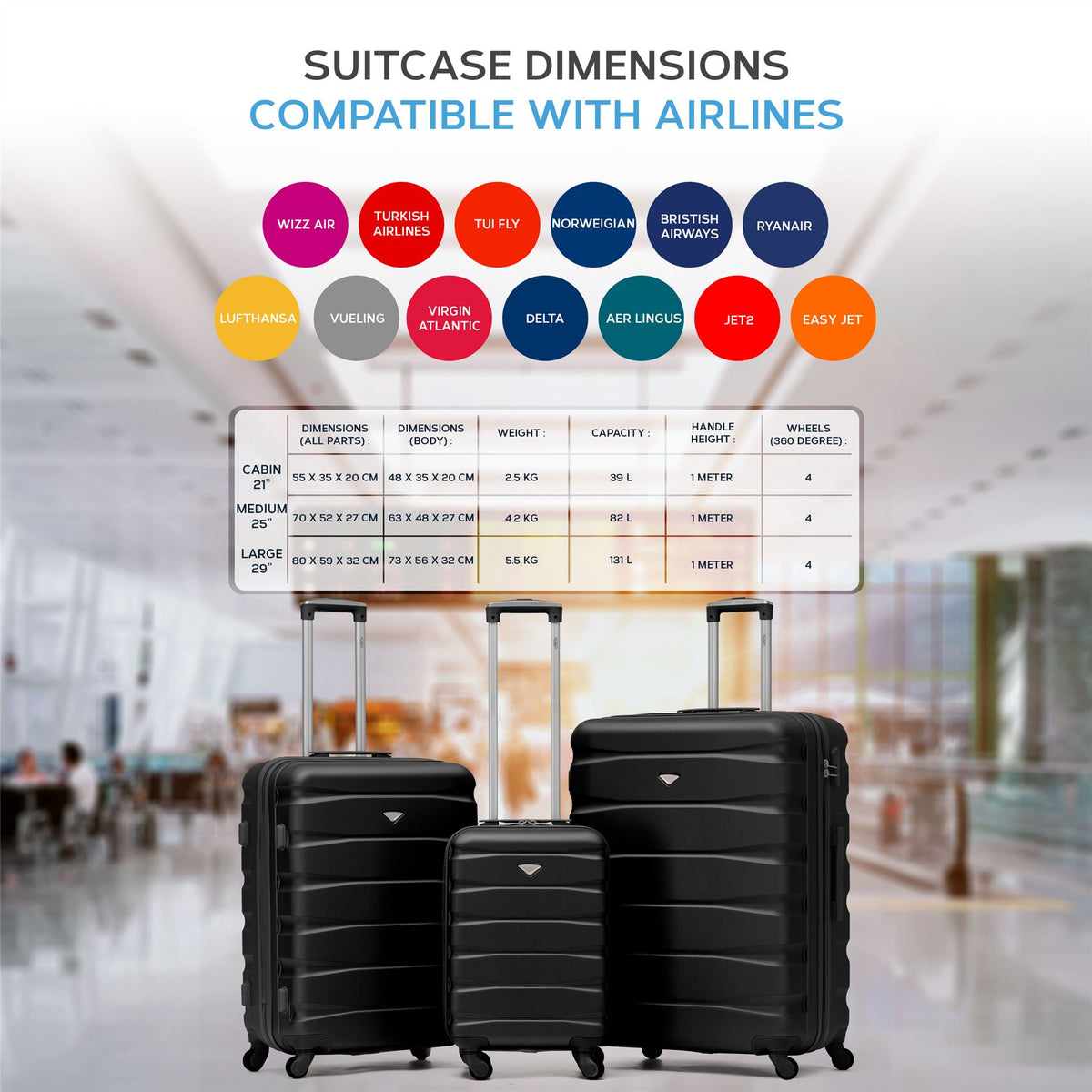 Set Of 3 Hard Shell Suitcase Cabin & Check In Cases With Tsa Lock - Overhead Cabin With Medium & Large Check-in Bag | Set of 3 | Black