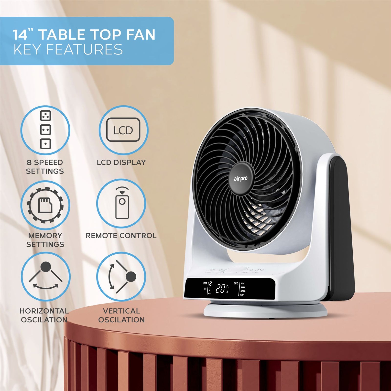 Desk Fan - Ultra Quiet Air Cooling & Circulator Table Fan - Small Cooling Fan With 8 Speeds And 4 Different Mode Settings - 90° Variable Tilt Mini Fan Suitable For Desktop Office Home Bedroom