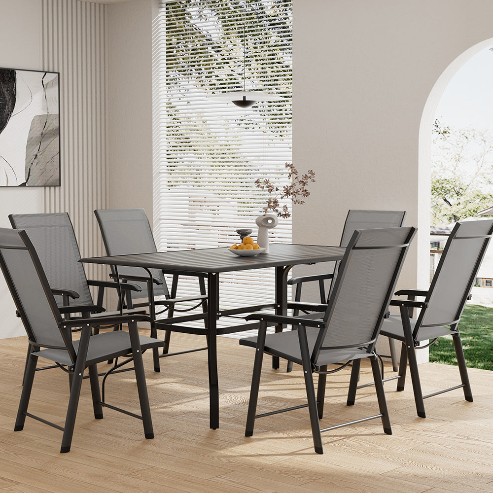 7 Pcs Garden Dining Set Metal Slatted Coffee Table With Foldable Chairs