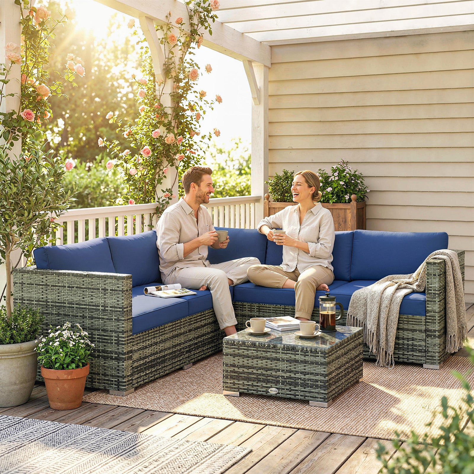 4 Pieces Rattan Garden Furniture Sofa Set With Coffee Table | Blue