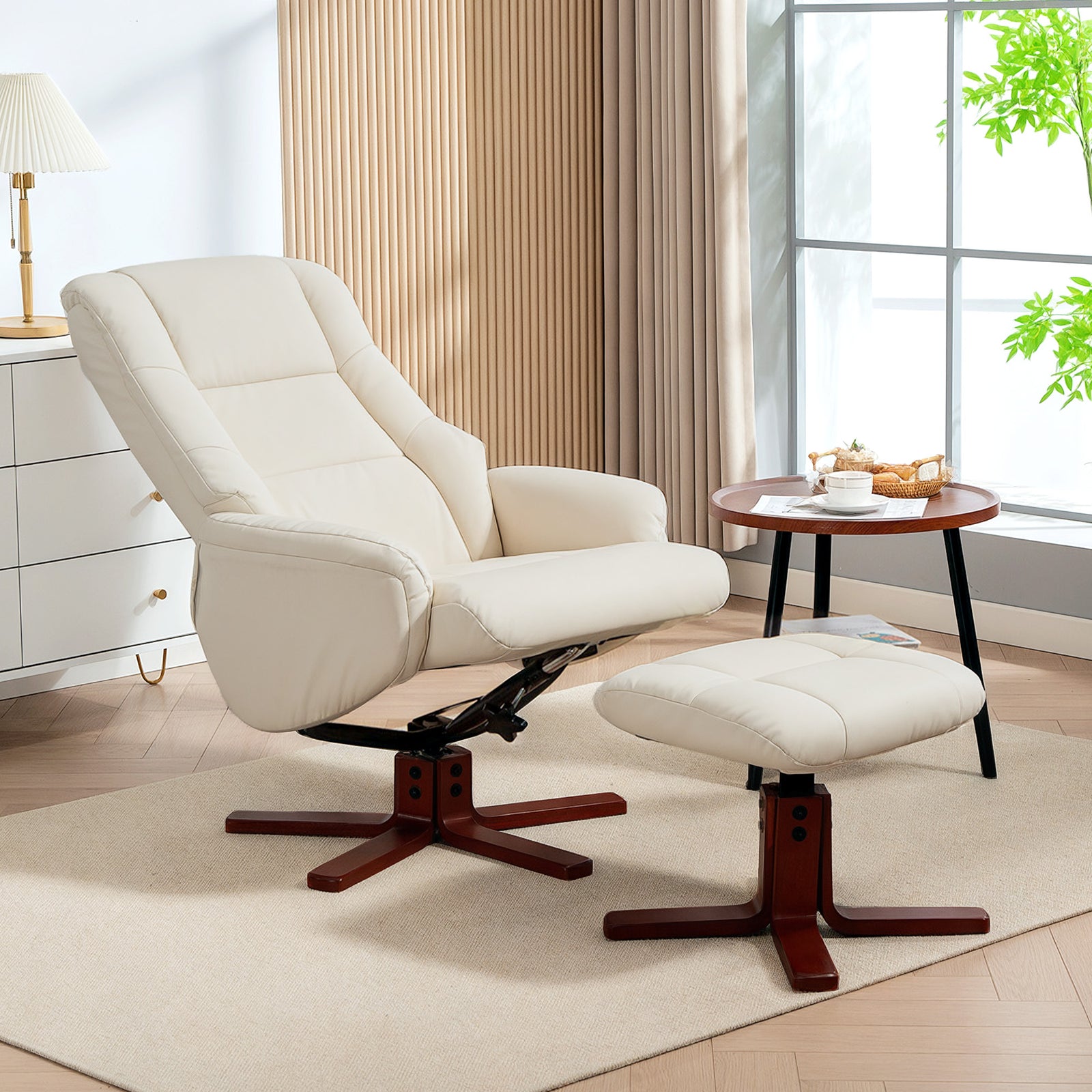 Recliner Armchair With Wood Base, Upholstered Reclining Chair | White