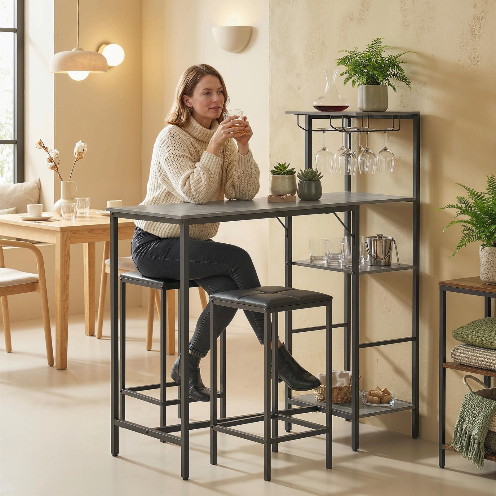 3pcs Breakfast Bar Table And Stools Set 4-tier Shelving | Grey