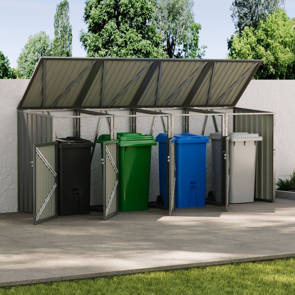 4 Bin Storage Shed – Heavy-duty Galvanized Steel Outdoor Bin Store With Lift-up Lids & Lockable Doors | Grey