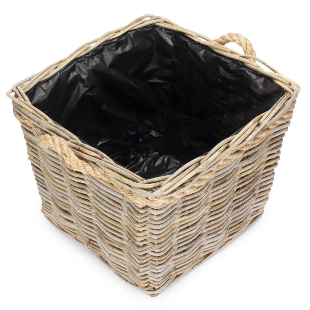 Square Tapered Rope Handled Rattan Planter With Plastic Lining | Small | Natural