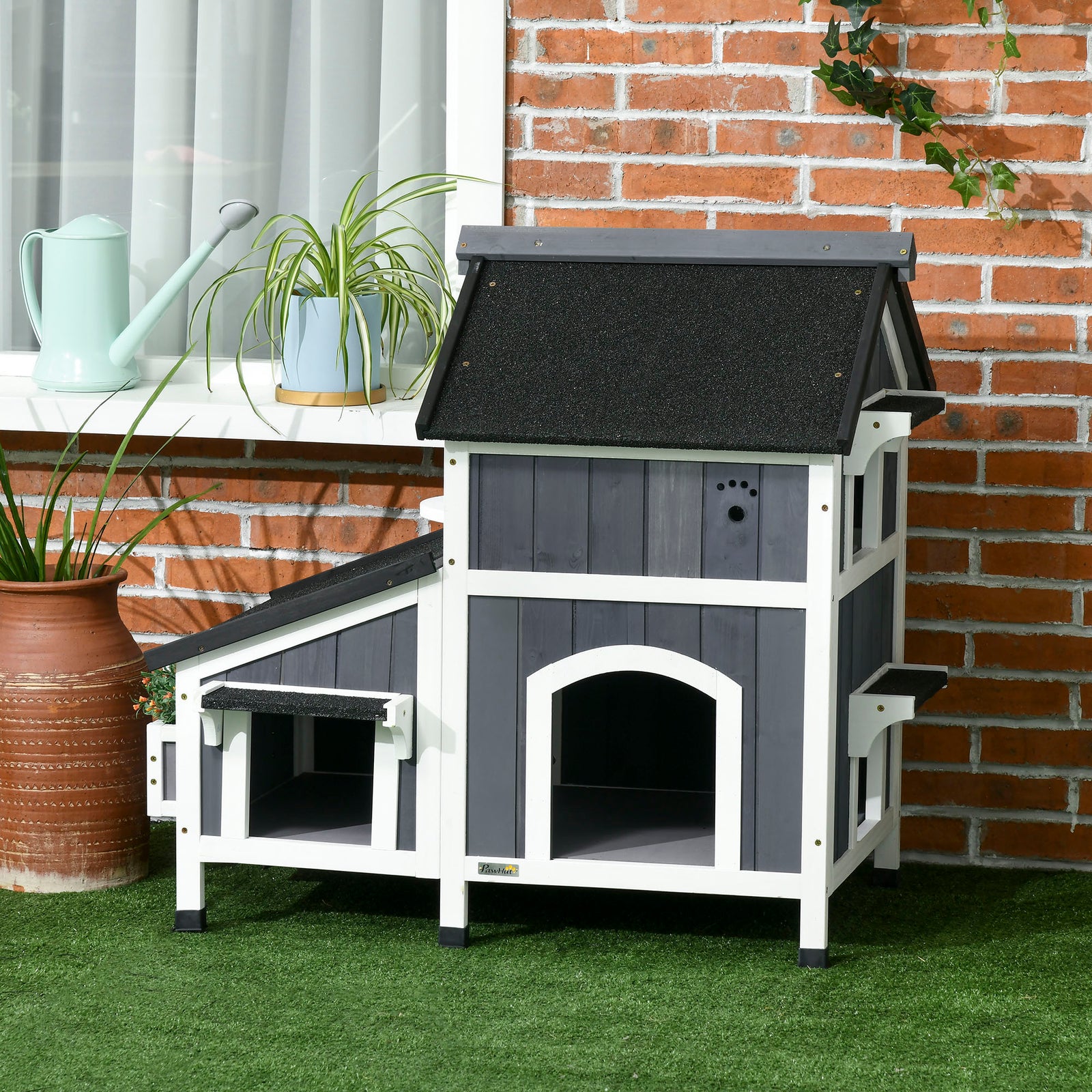 Wooden Outdoor Cat House W/ Flower Pot, Windows, Multiple Entrances