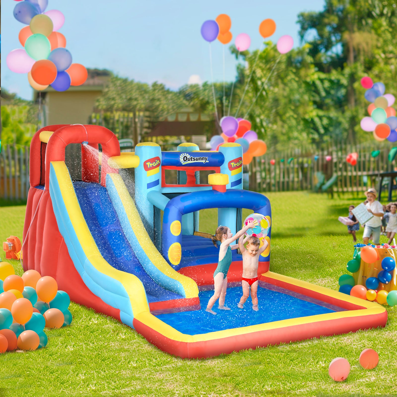 4 In 1 Kids Bouncy Castle W/ Slide Pool Trampoline Climbing Wall Blower