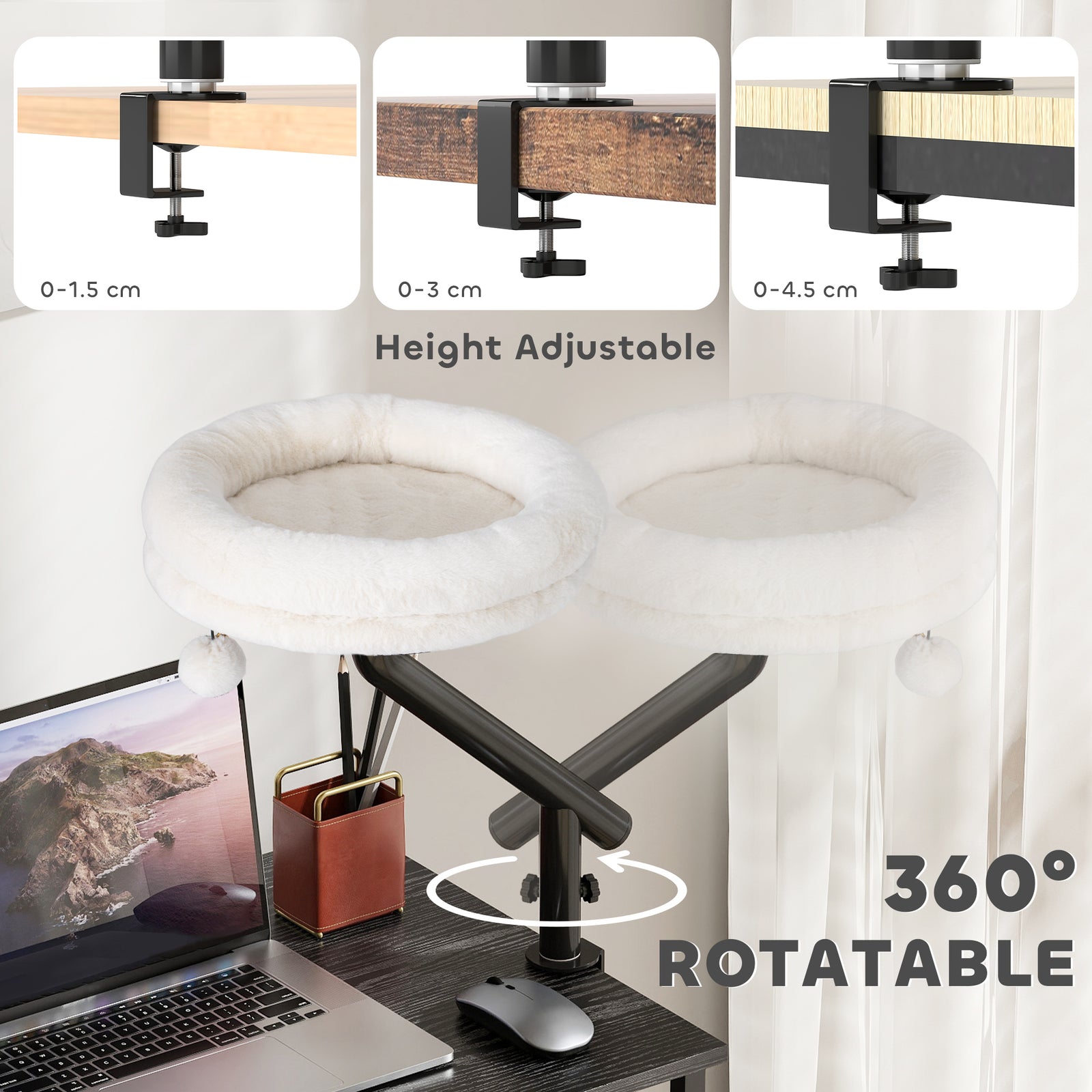 Cat Desk Bed, 360° Rotatable Adjustable Kitten Hammock | Cream