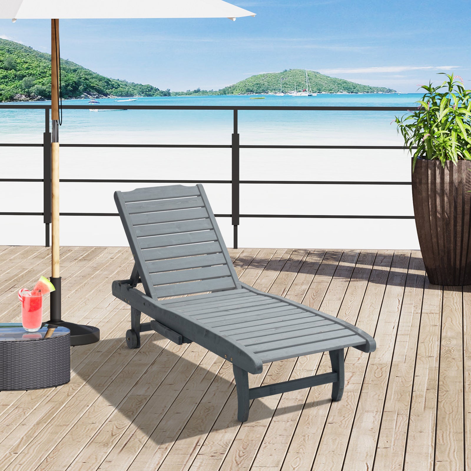 Wooden Sun Lounger Outdoor Patio Sun Bed W/ Pull-out Table