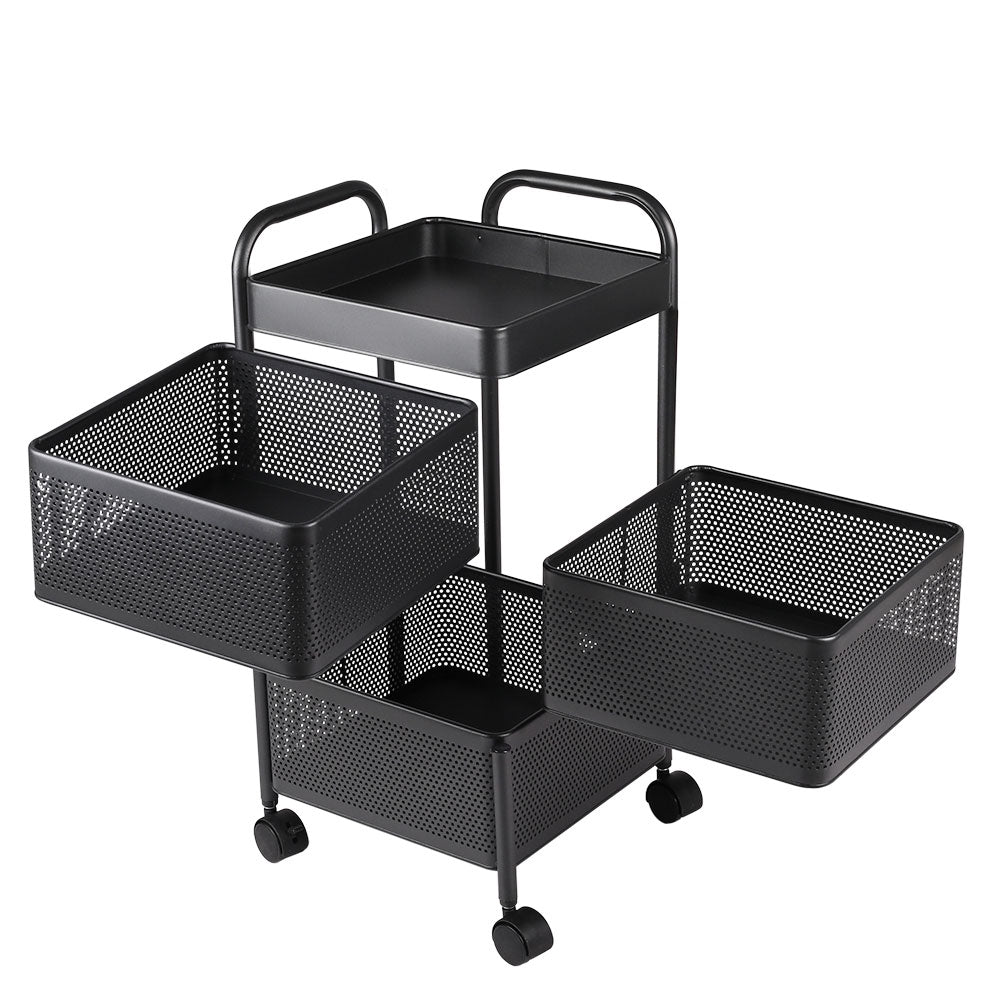 Multi-layer Storage Shelf Trolley 3/4/5 Tier Square Organizer Rack With Swivel Design For Kitchen | Small | Black