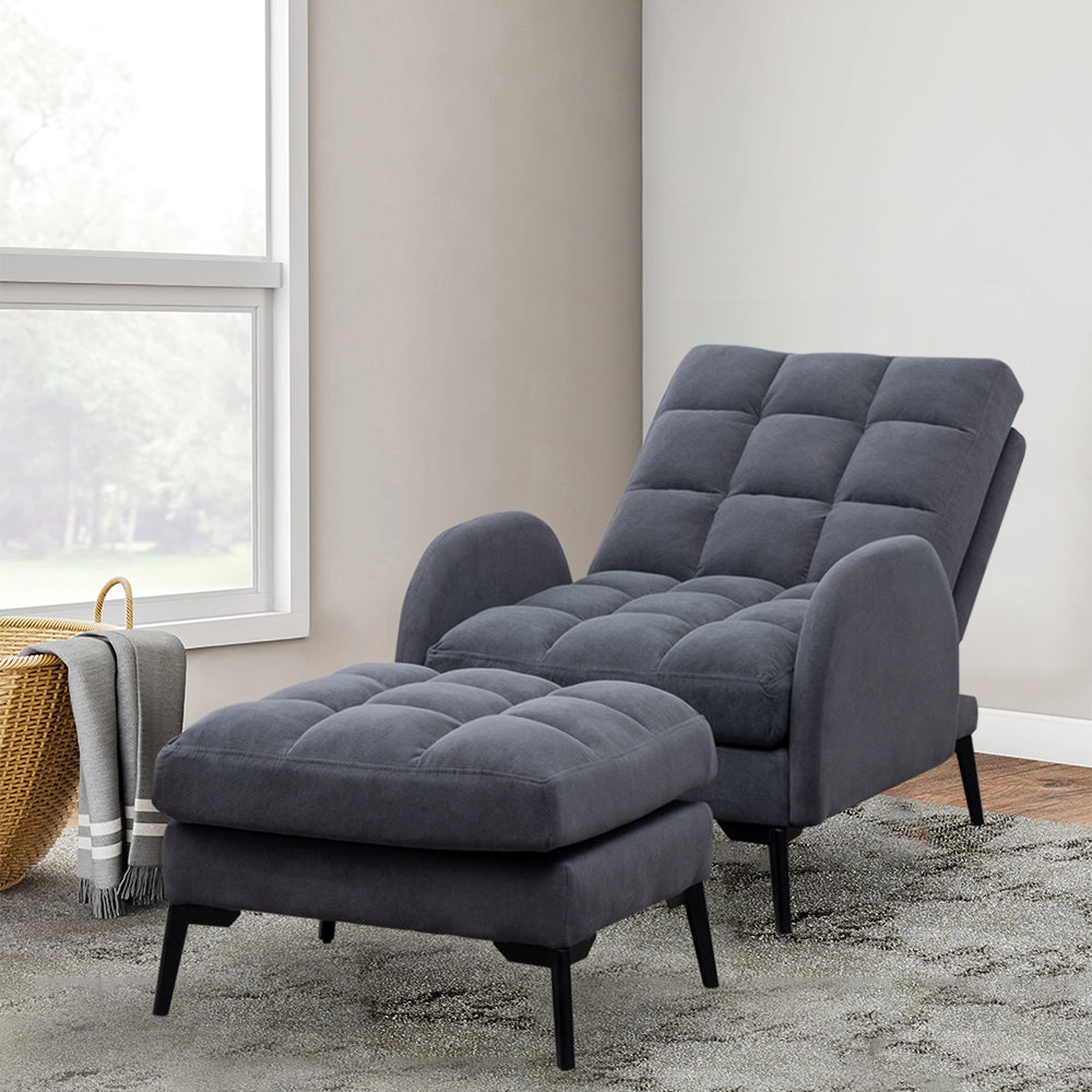 Frosted Velvet Armchair With Footstool Set– Adjustable 110°-180° Recline, Cozy Upholstered Chair With Metal Legs, Ergonomic Comfort | Grey