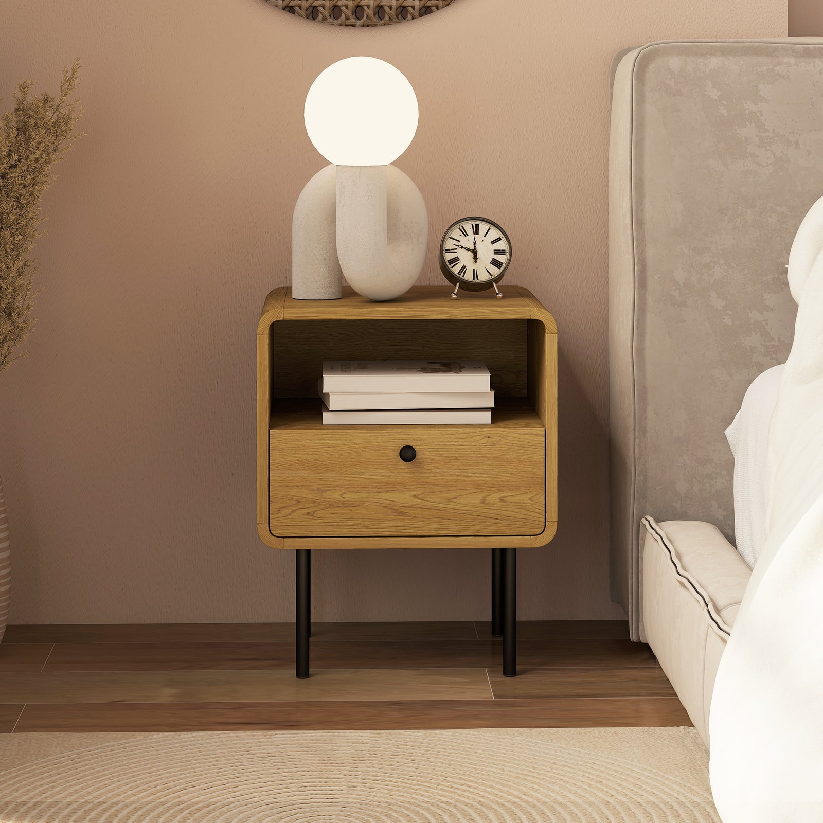 Bedside Table With Drawer And Shelf, Modern Bedside Cabinet, Oak