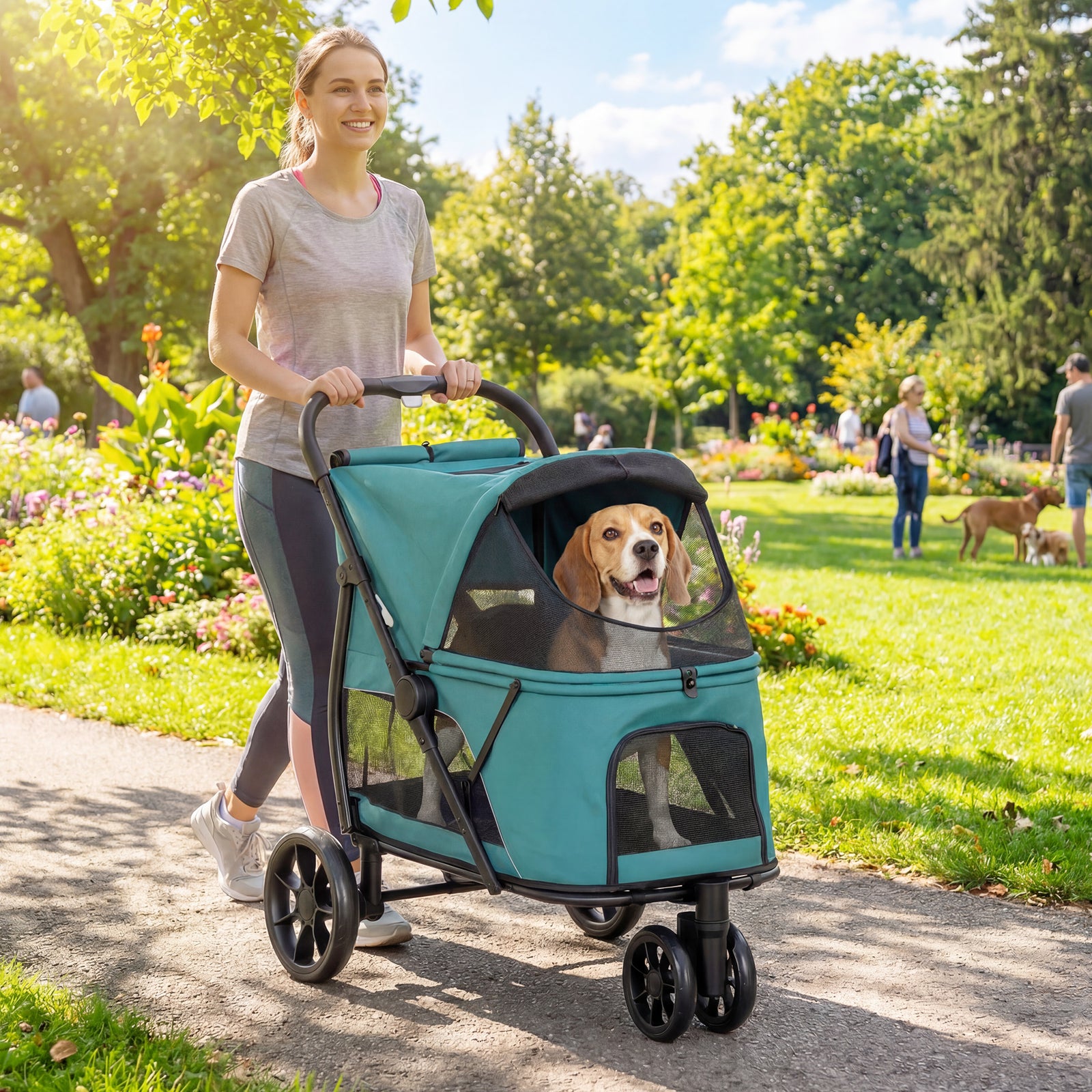 Dog Stroller, 3 Wheels Pet Stroller With Easy One-click Quick Fold | Dark Green