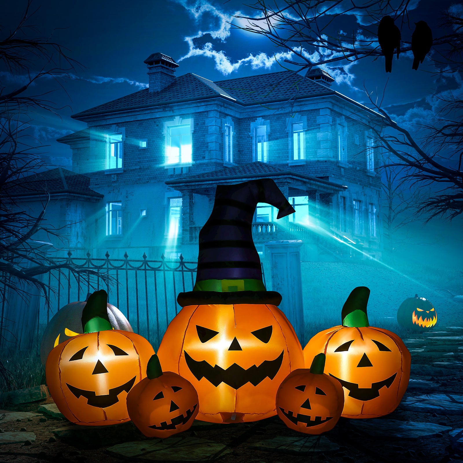6' Inflatable Halloween Large Pumpkin In Hat W/ Four Small Pumpkin Led