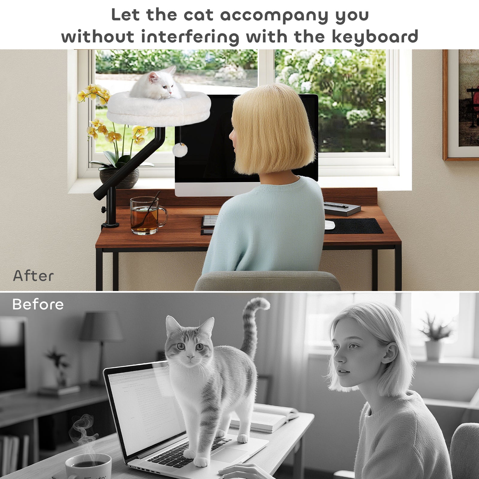 Cat Desk Bed, 360° Rotatable Adjustable Kitten Hammock | Cream