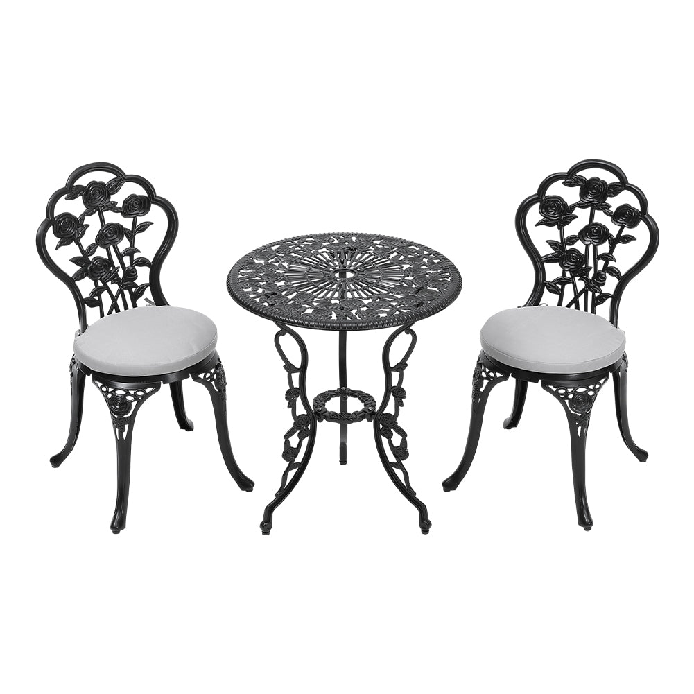 3-Piece Black Cast iron outdoor dining set circular patio balcony table and 2 chairs small weather-resistant furniture | Set of 3 | Black
