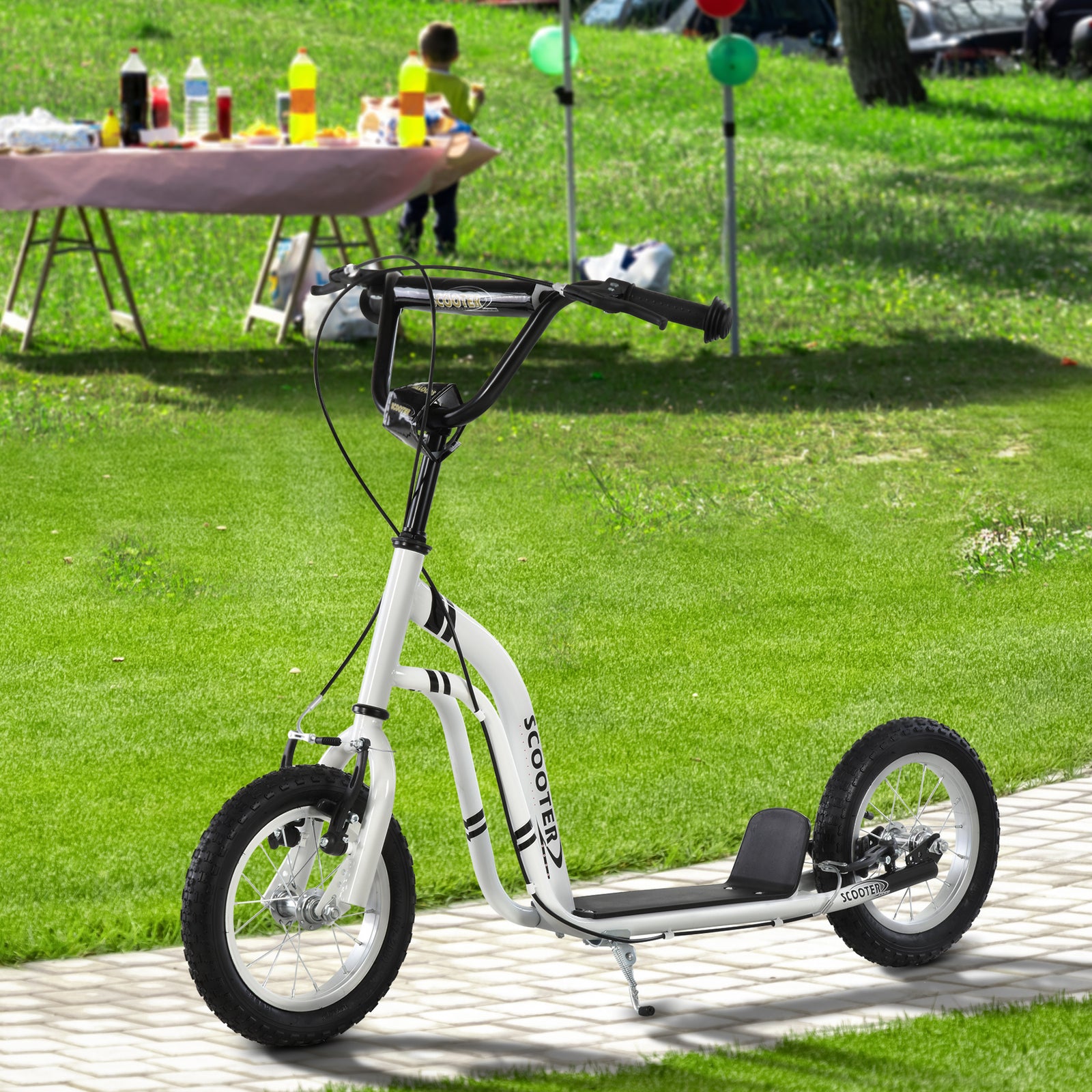 Dual Brakes Kick Scooter 12-inch Inflatable Wheel Ride On Toy For Age 5+ | White