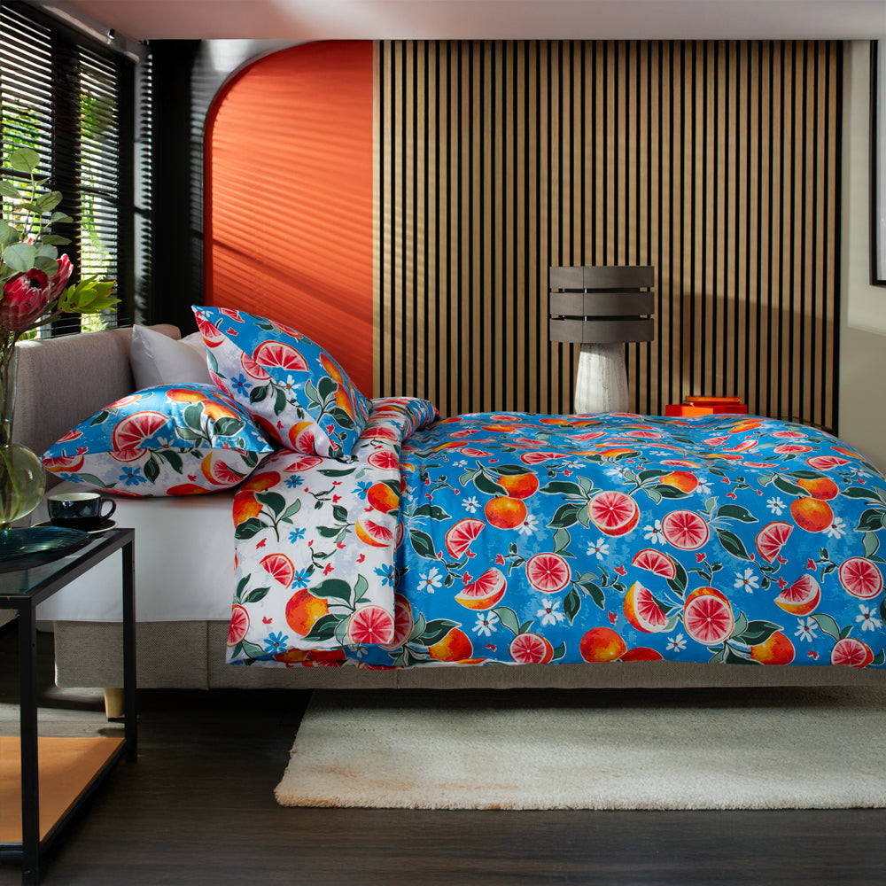 Citrus Fruits  200 Thread Count Printed Reversible Cotton Rich Duvet Cover Set | Single | Blue