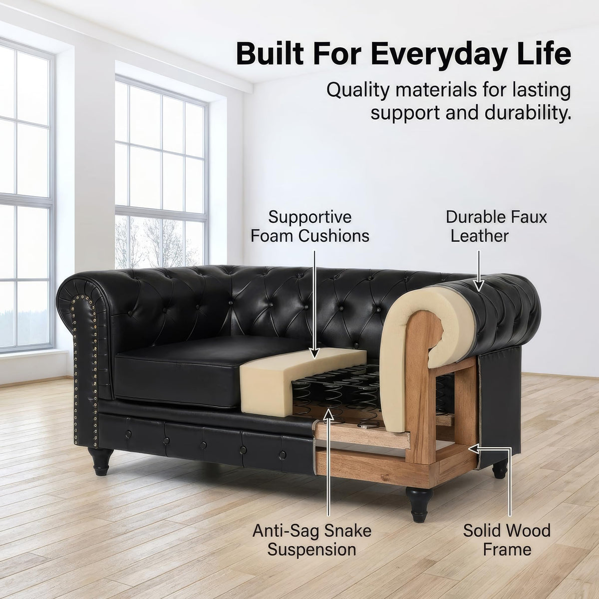 Chesterfield Scroll Arm Faux Leather Sofa 2 Seater | Black