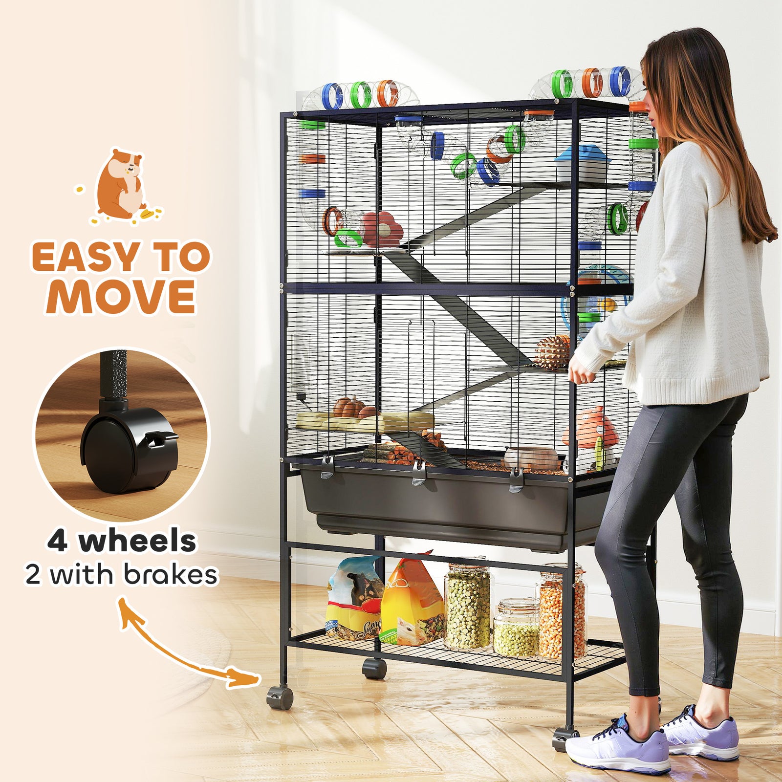 Pawhut Hamster Cage, 5 Tier Gerbil Cage On Wheels With Storage Shelf