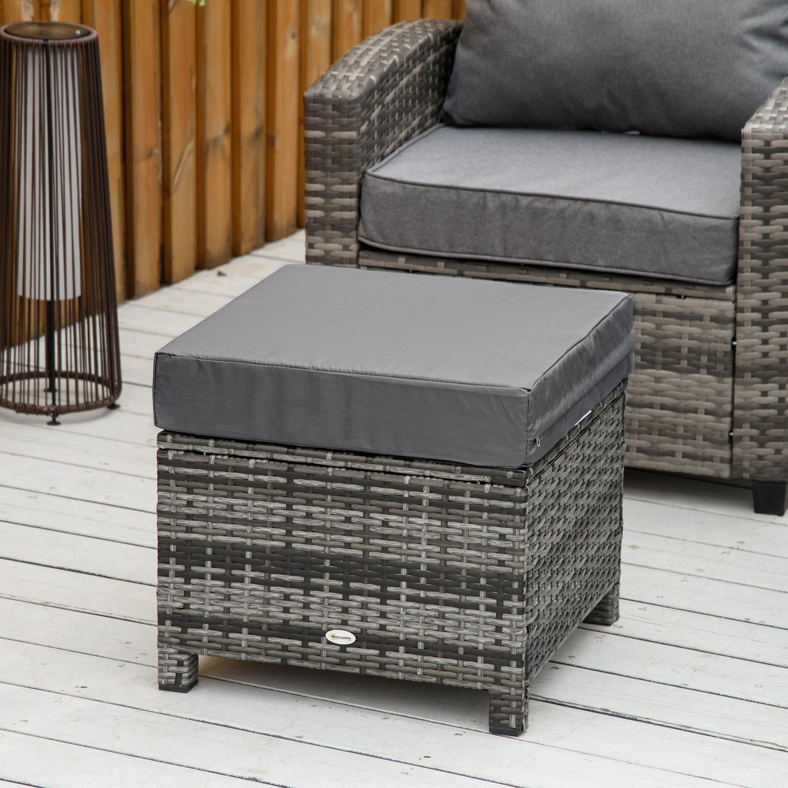 Rattan Footstool Wicker Ottoman With Padded Seat Cushion