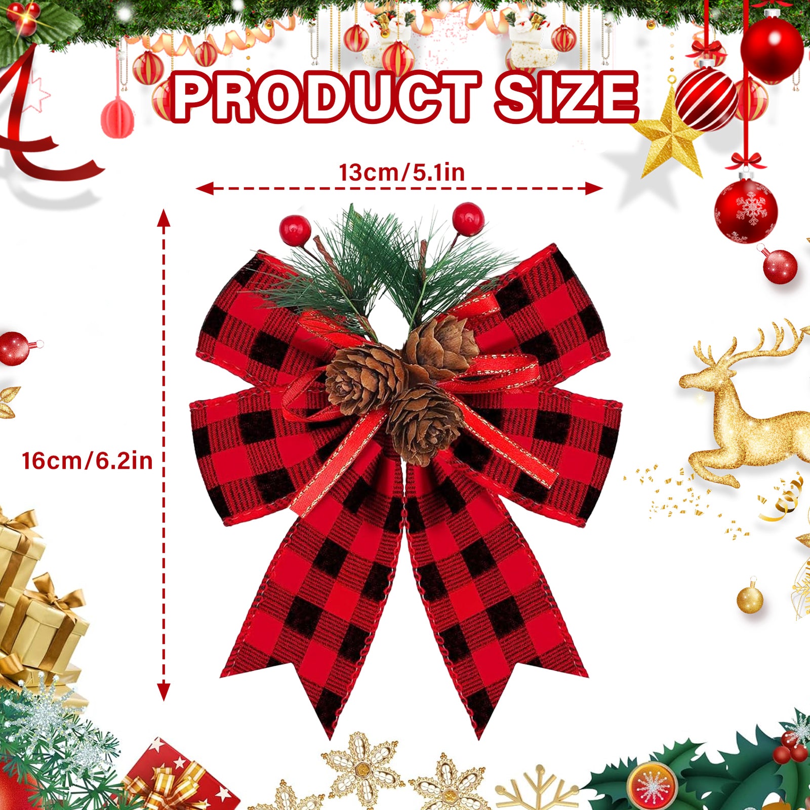 Premium 6-pack Christmas Bows Adorned With Pine Cones And Green Needles