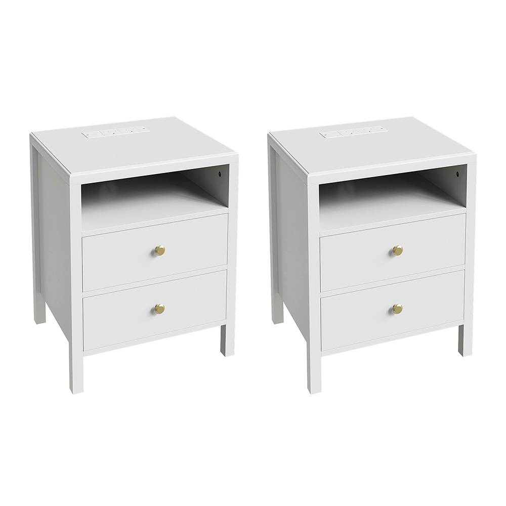 Bedside Tables With Charging Station & Drawers | Set of 2 | White