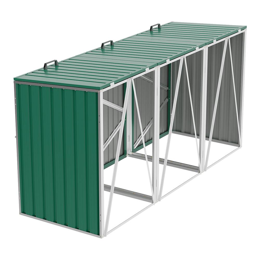 3 Bin Storage Shed – Heavy-duty Galvanized Steel Outdoor Bin Store With Lift-up Lids & Lockable Doors | Green